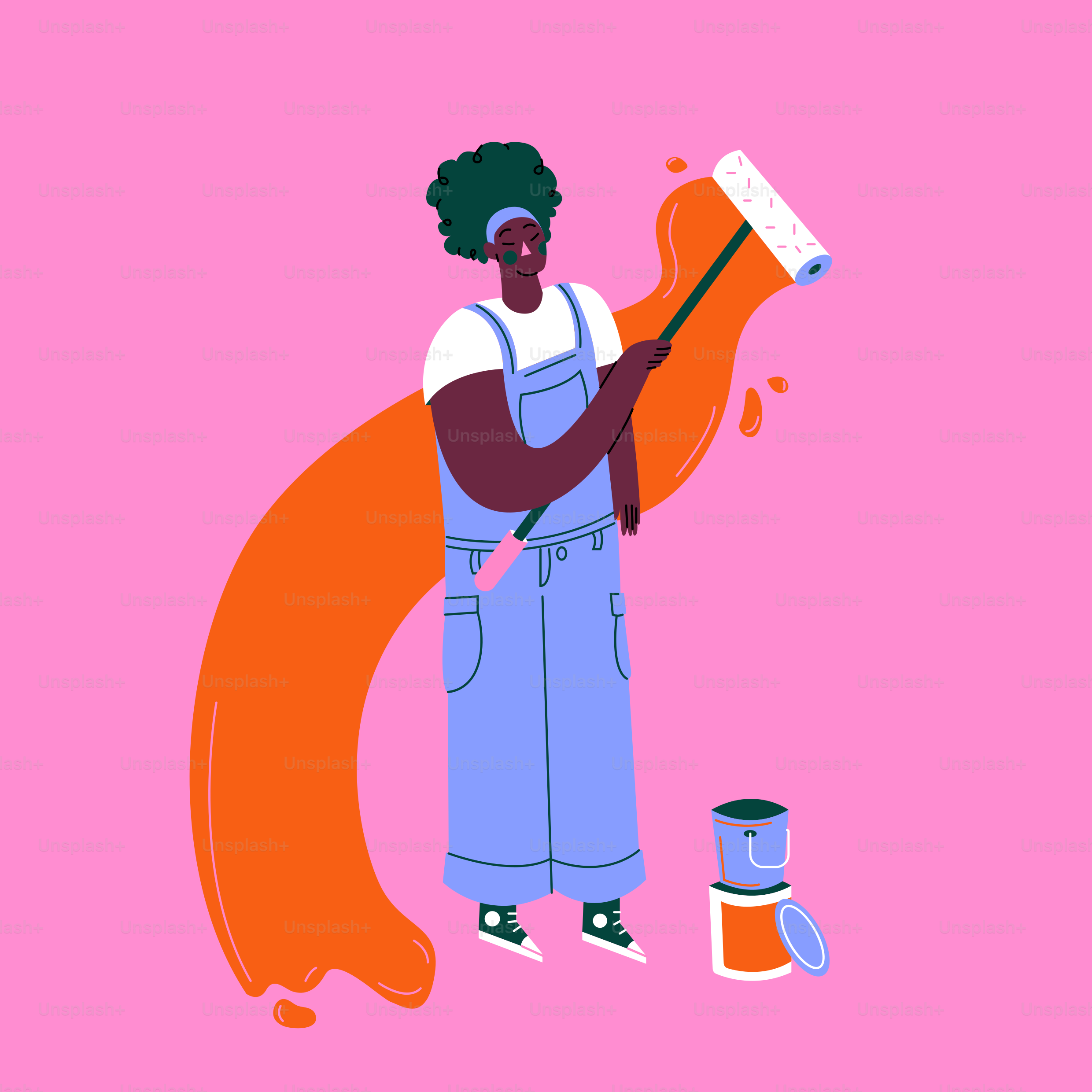 A woman painting a wall with a pink background