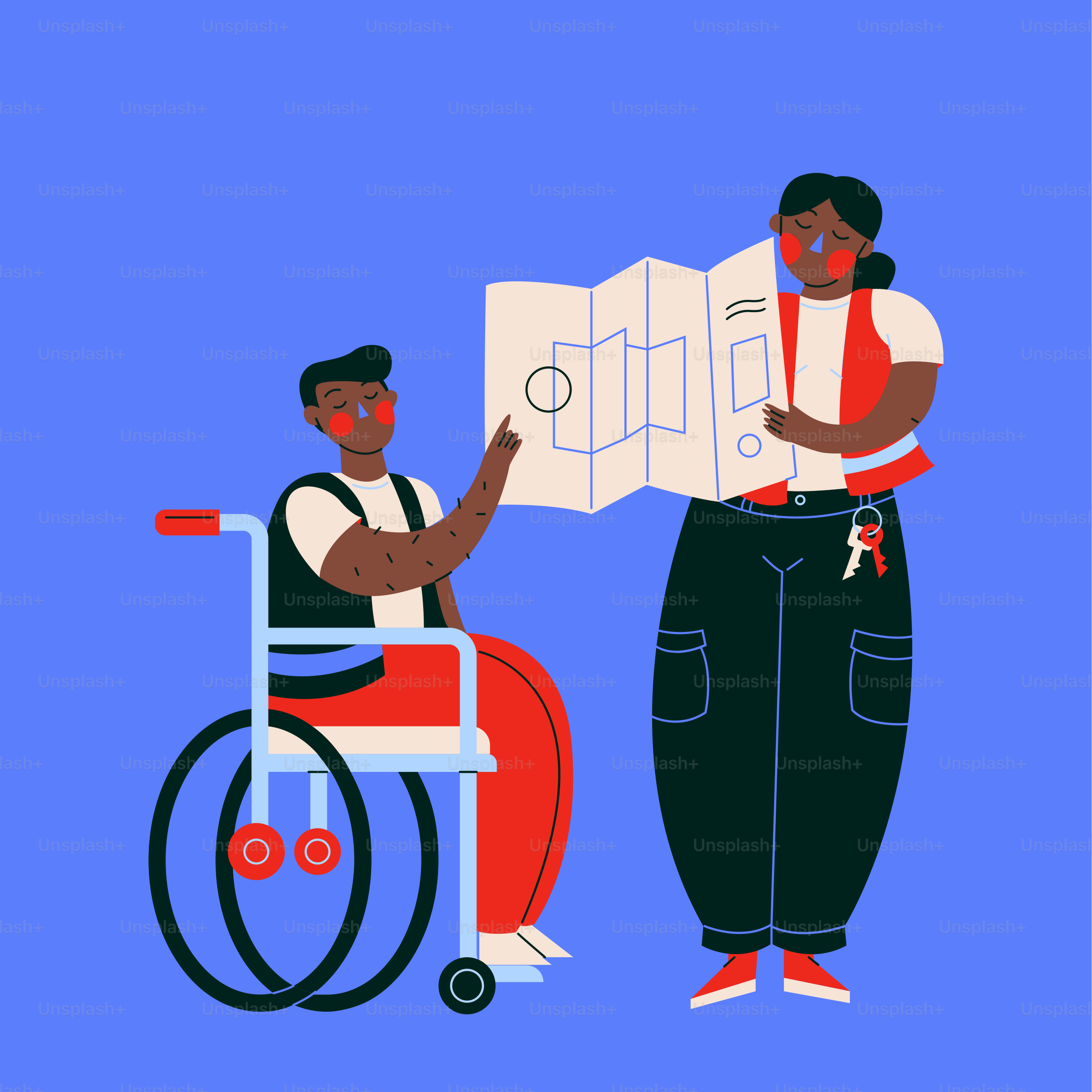 A man in a wheel chair and a woman in a wheelchair are looking at a