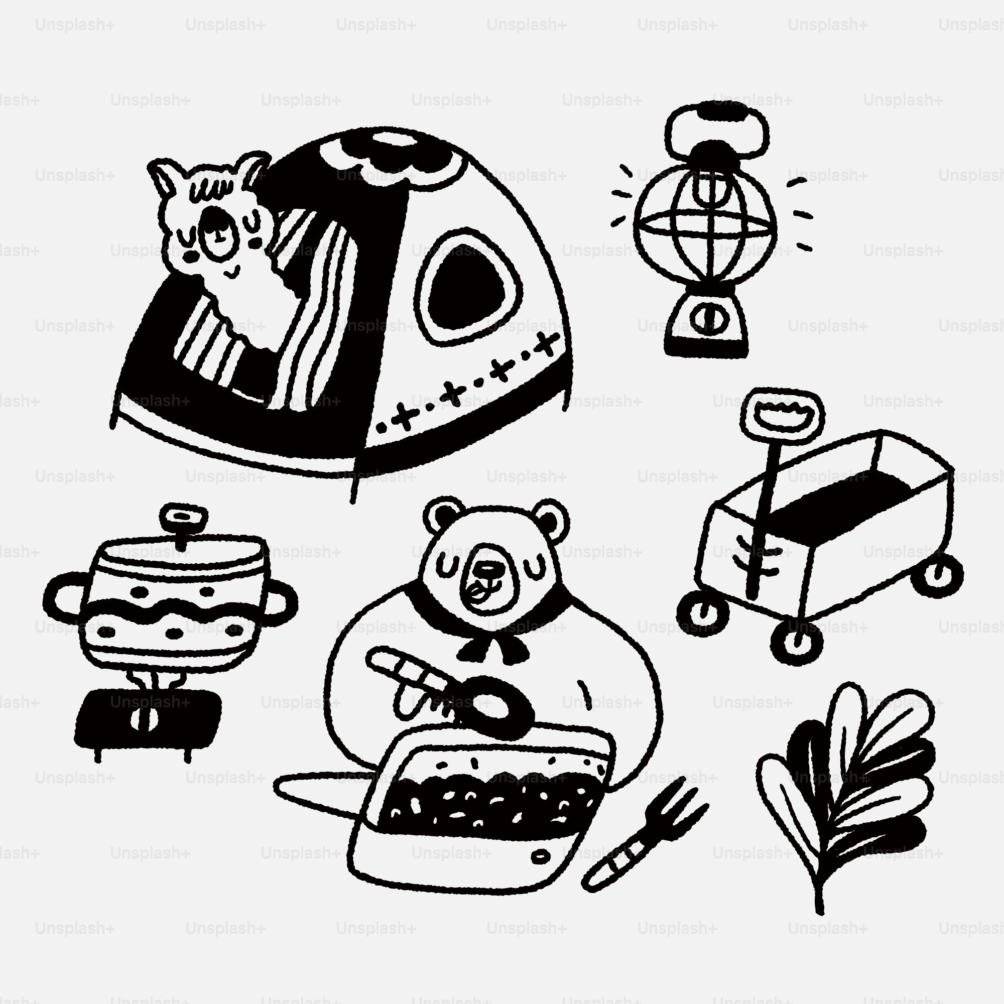 Eine schwarz-weiße Zeichnung eines Bären in einem Zelt