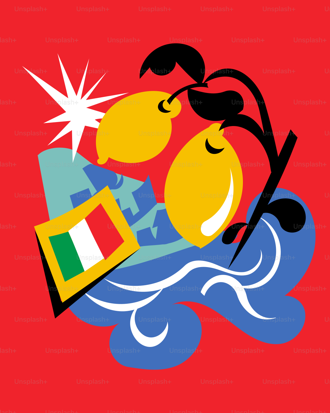 A red background with a picture of a boat and a flag