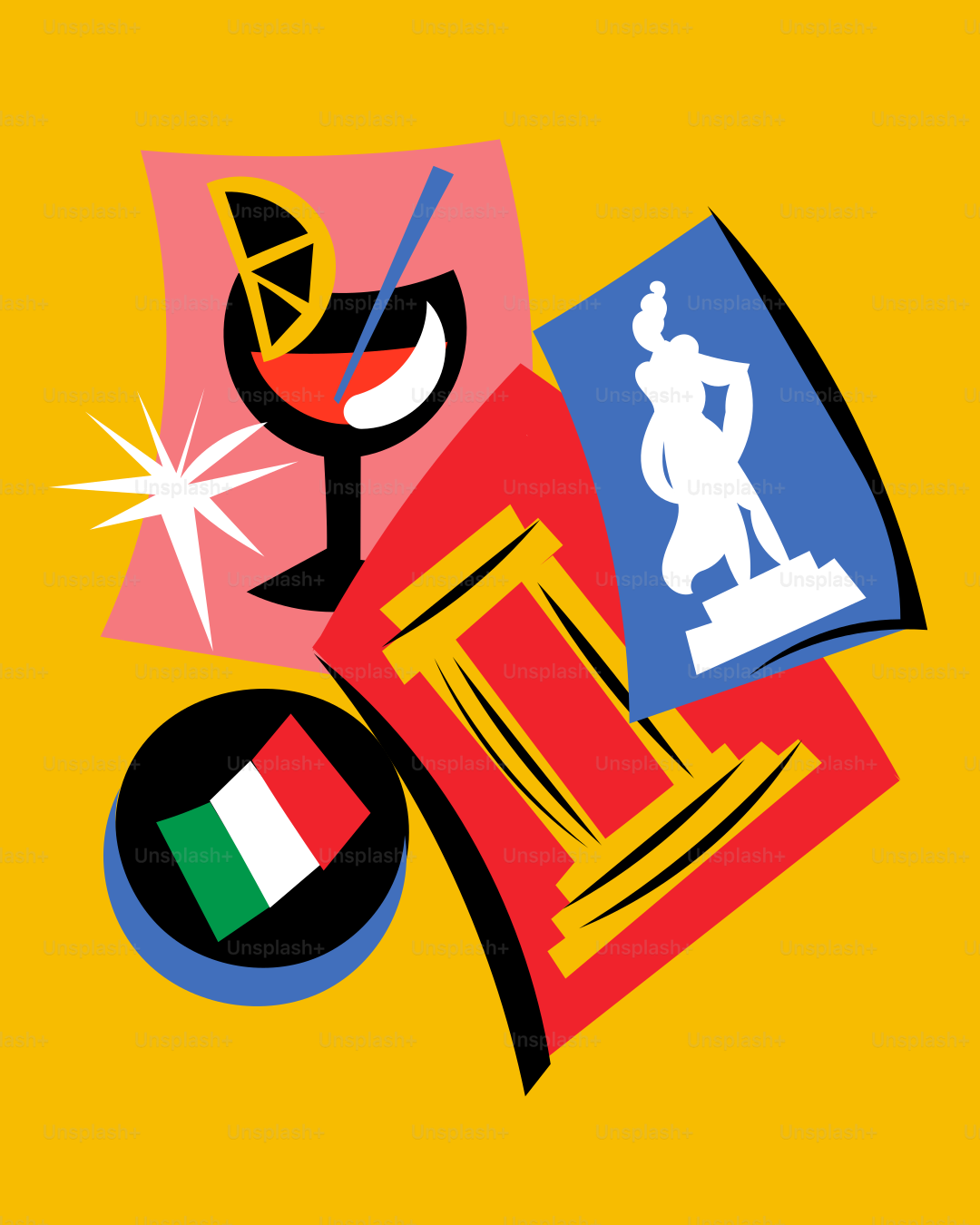 A yellow background with a picture of a man and a flag