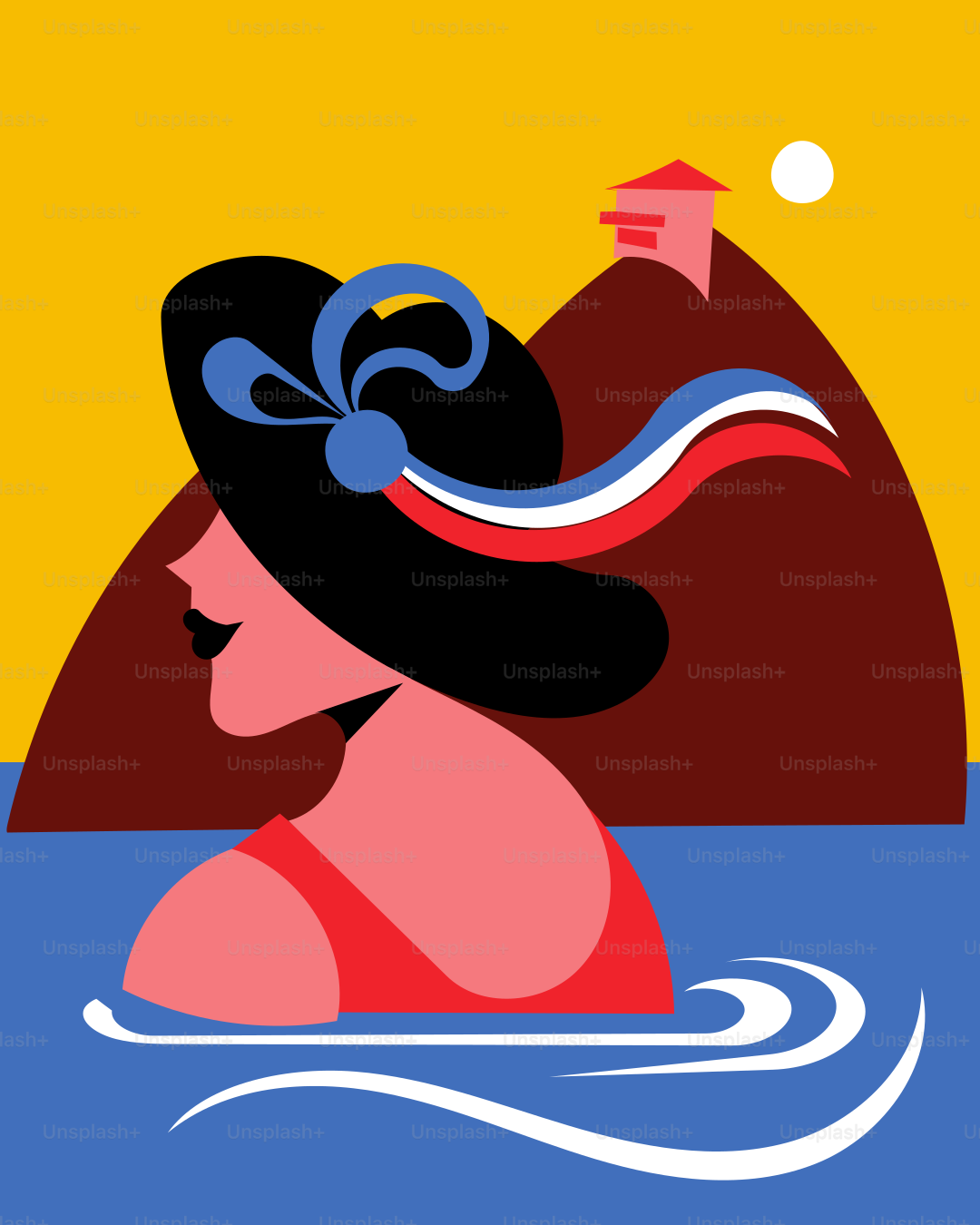 A woman in the water with a hat on her head