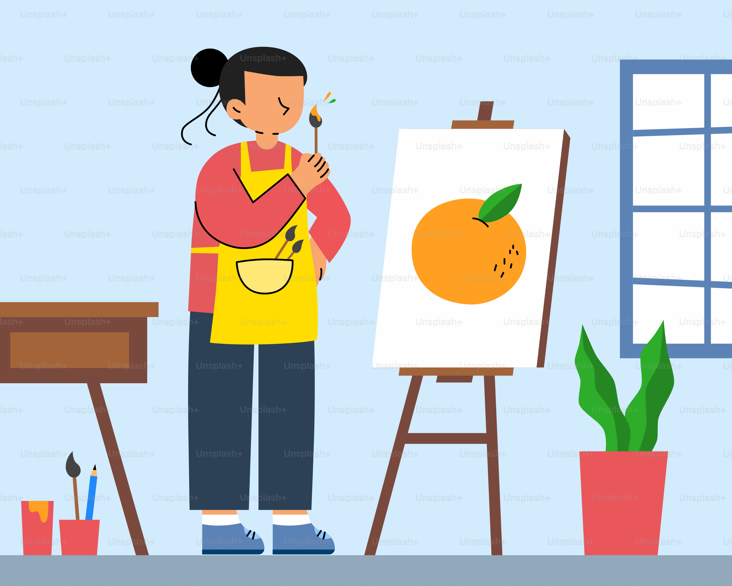 A woman standing in front of a easel with an orange on it
