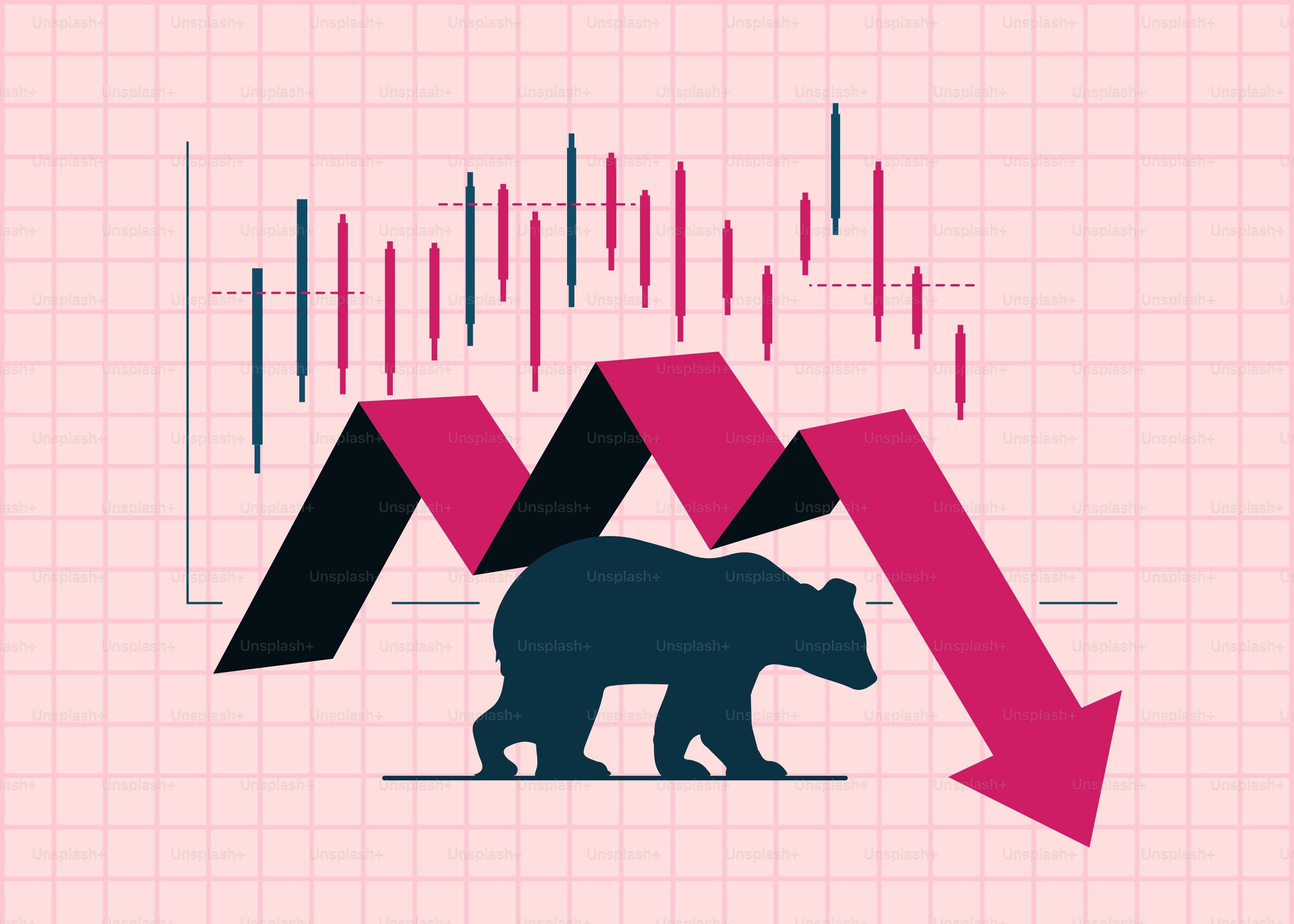 Un gráfico bajista y bajista sobre un fondo rosa