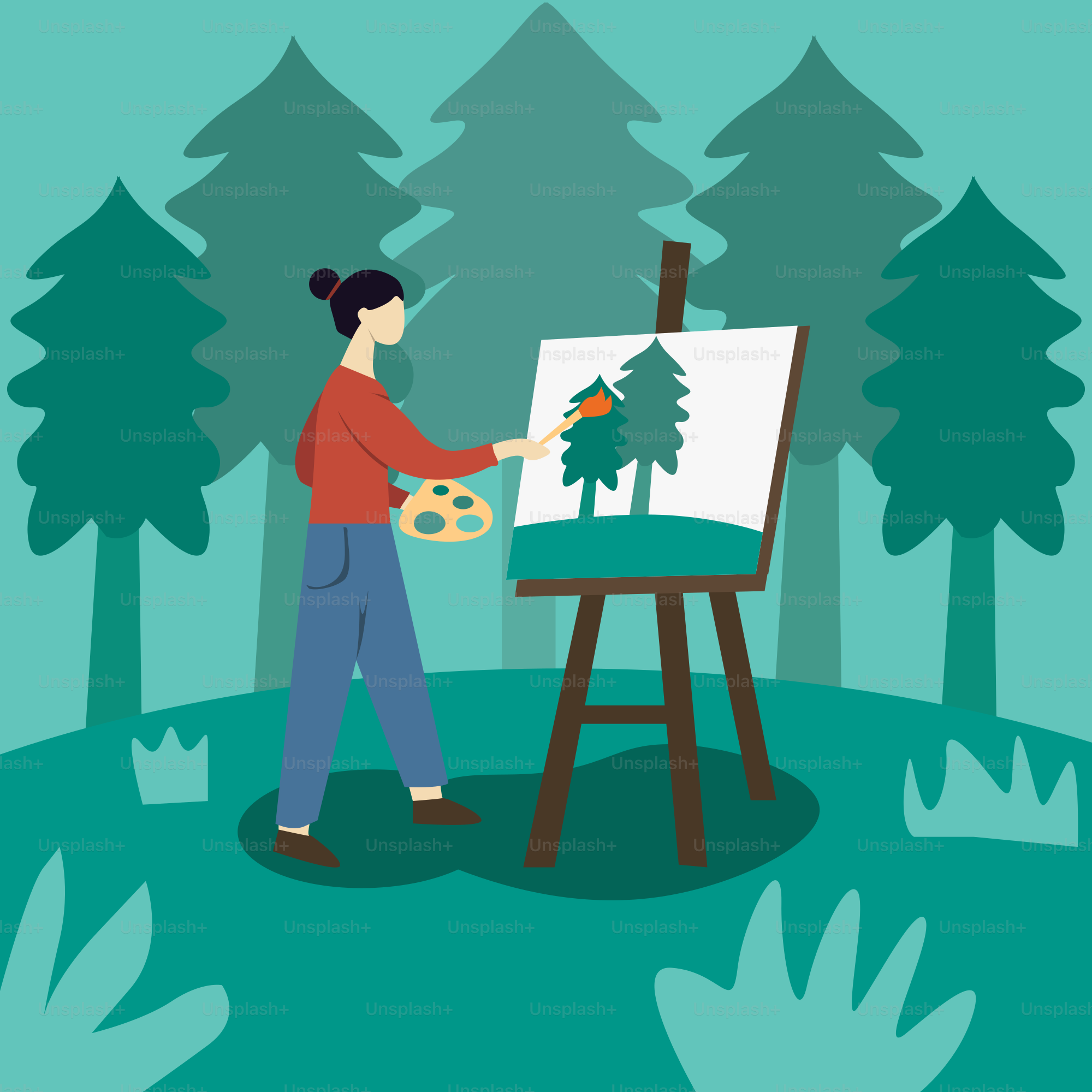 Eine Frau malt ein Bild im Wald