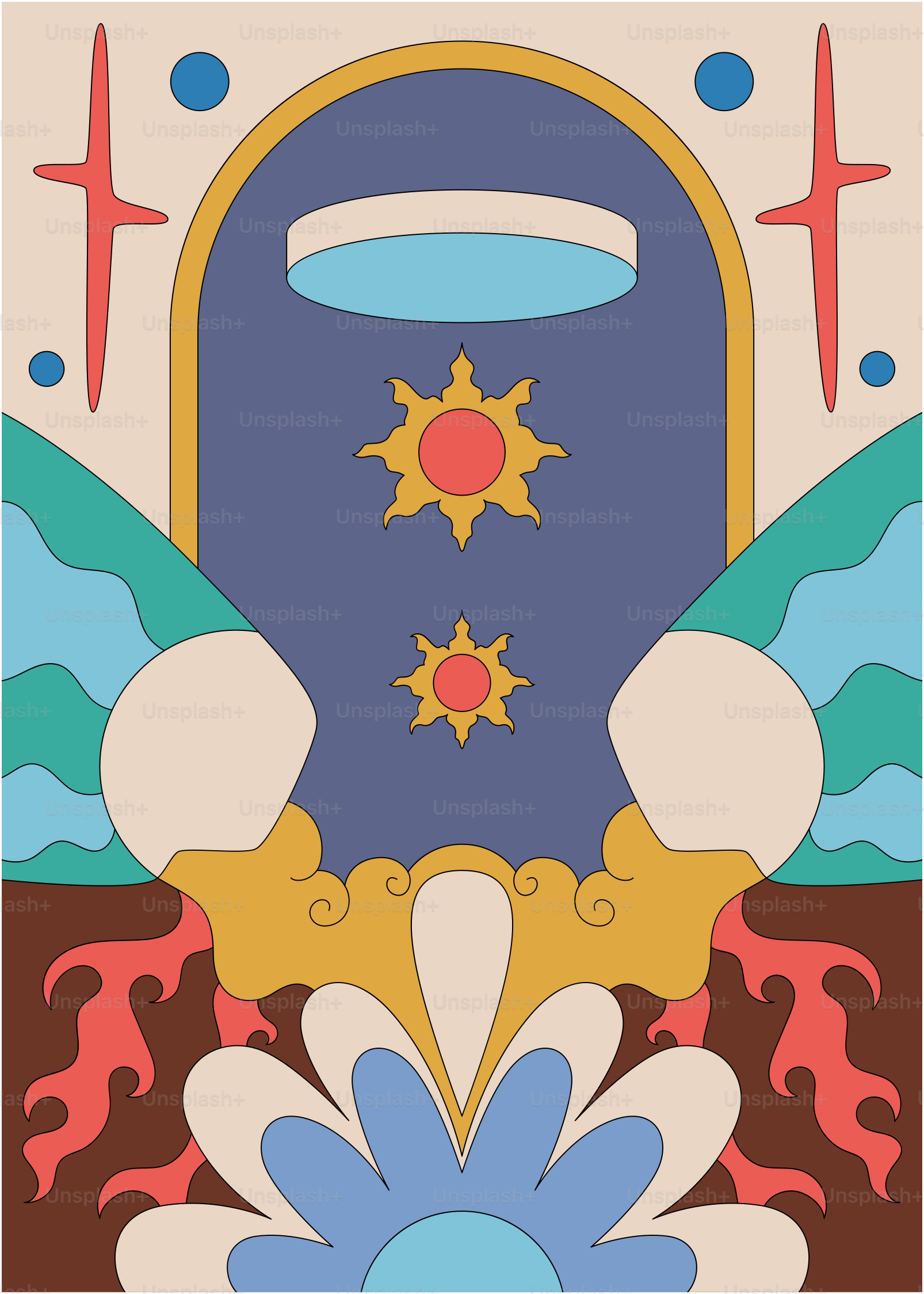 A painting of a door with a sun above it