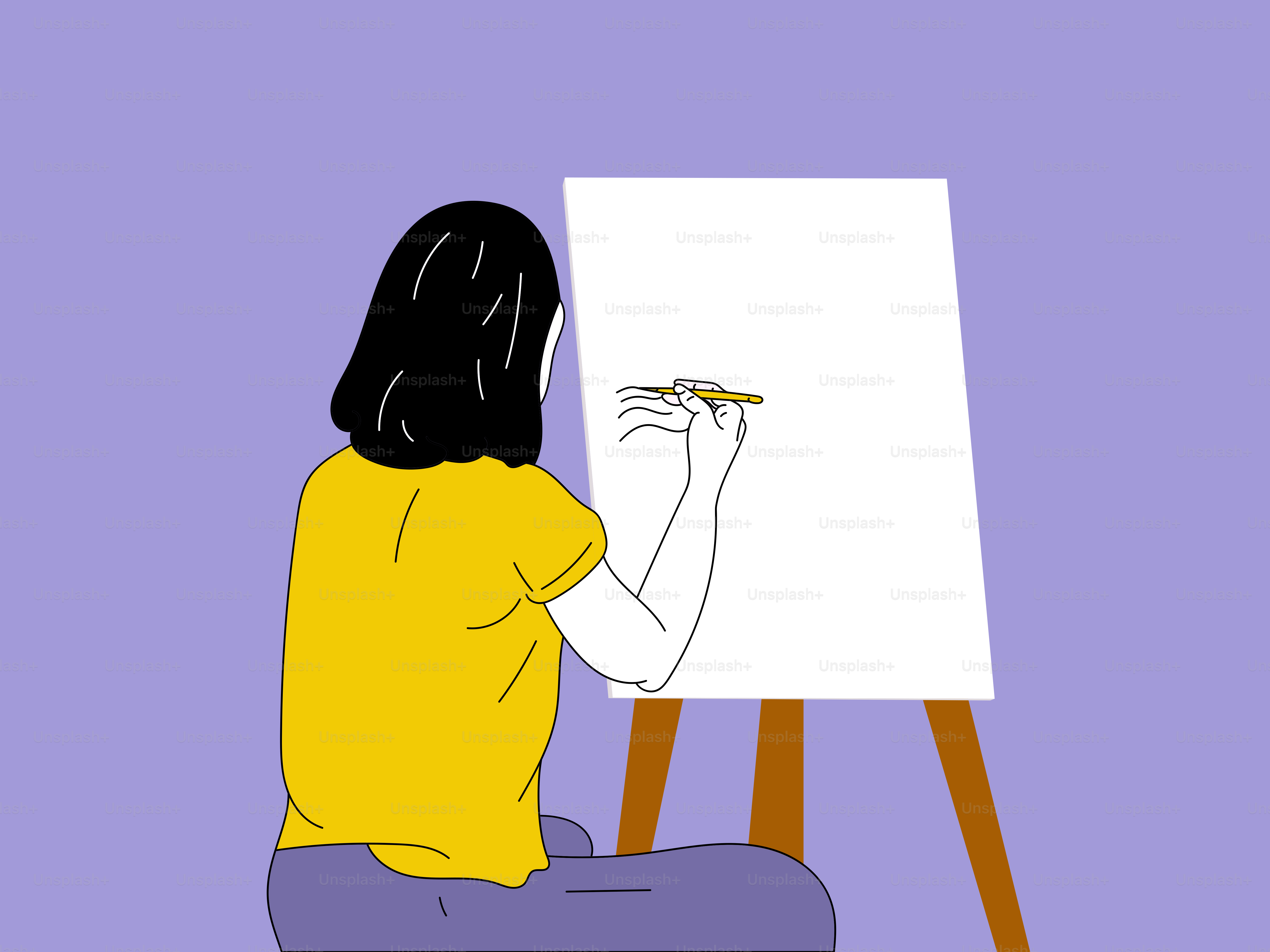 A woman sitting on a stool drawing on a canvas