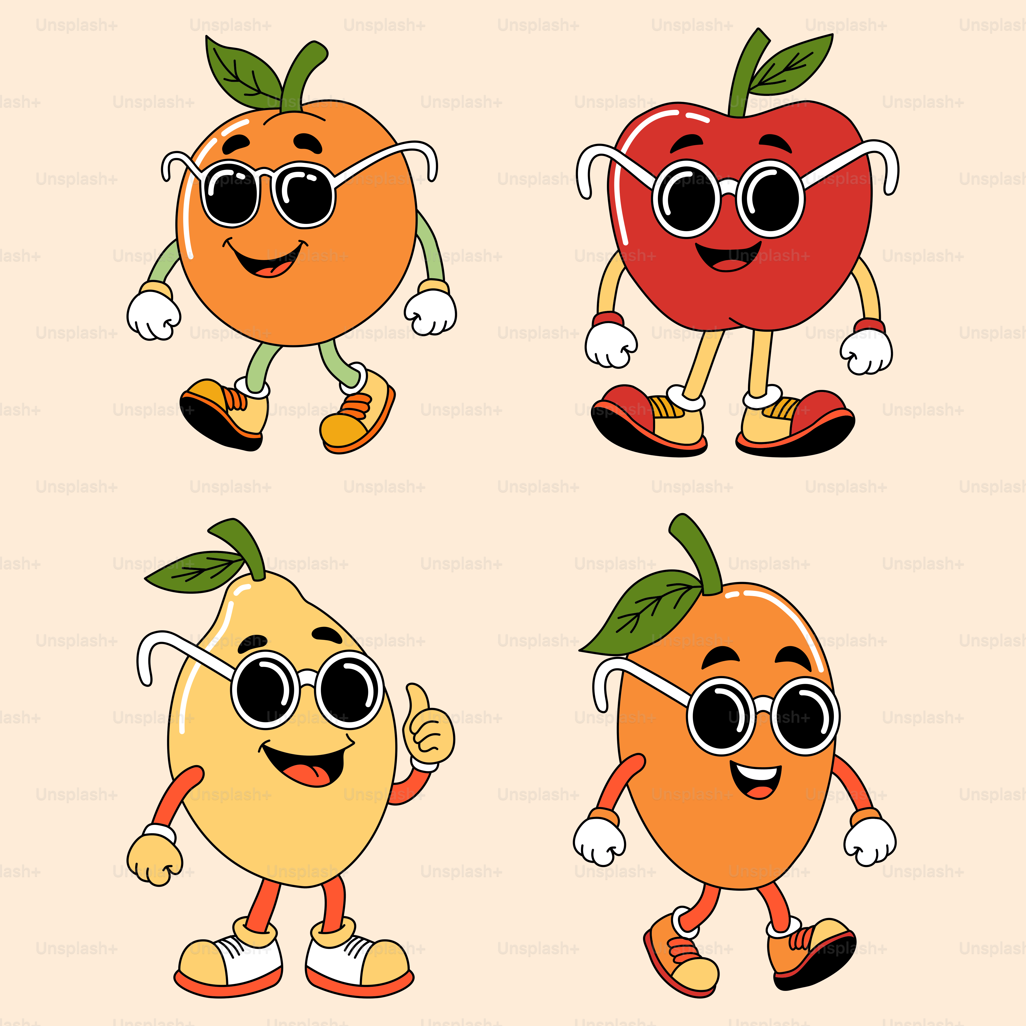 A set of four cartoon oranges with different expressions