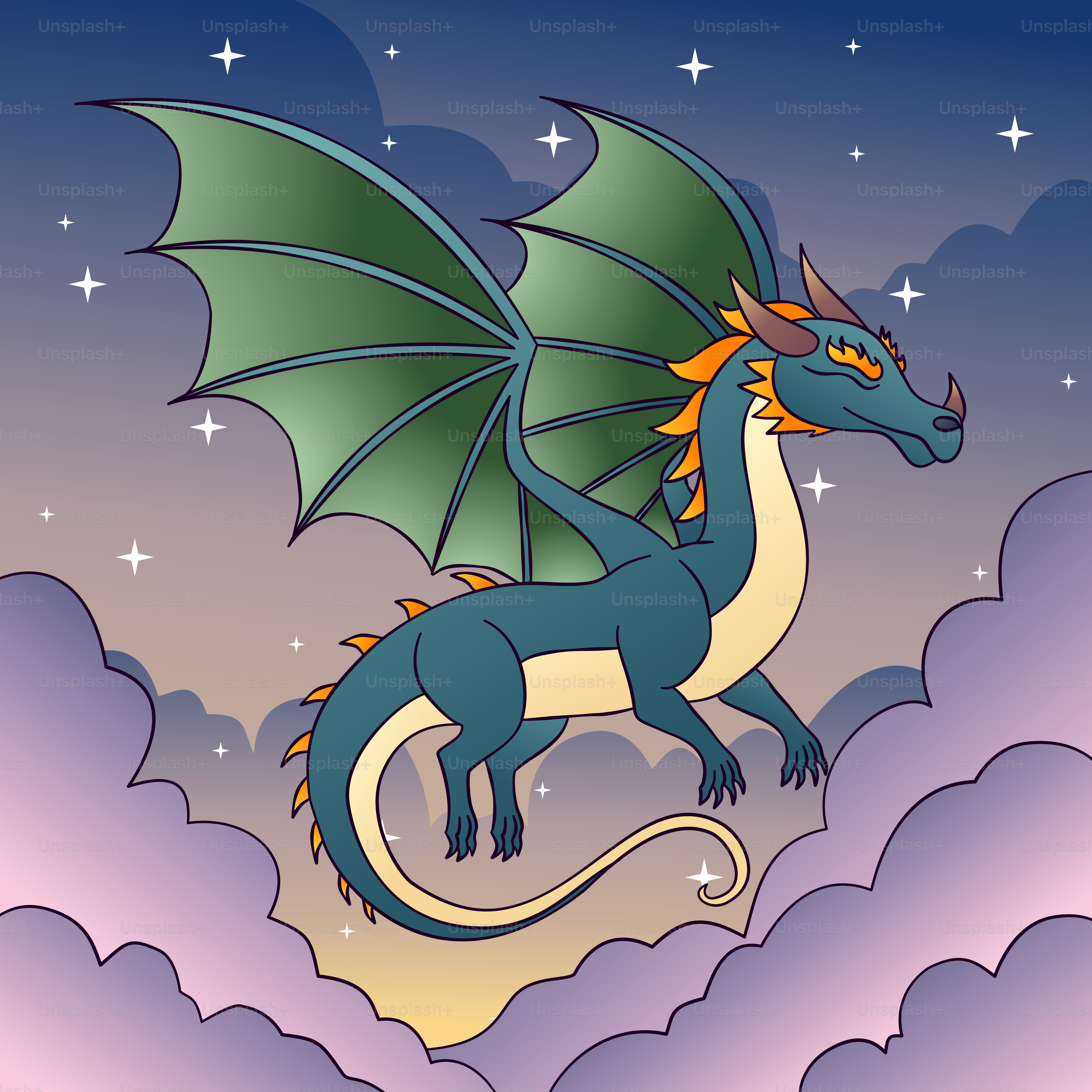 A dragon flying through a cloudy sky with stars