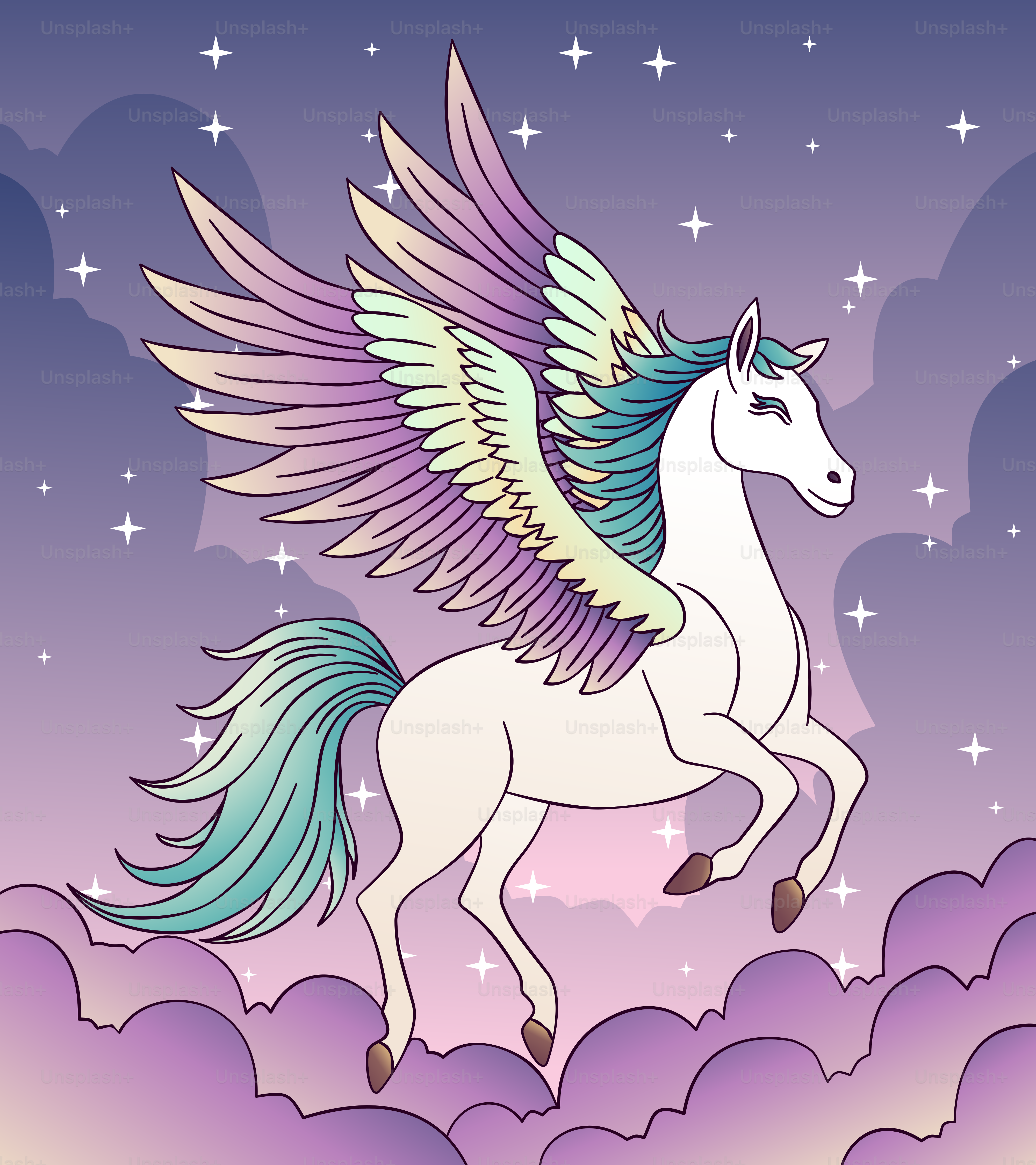 A white horse with wings flying in the sky