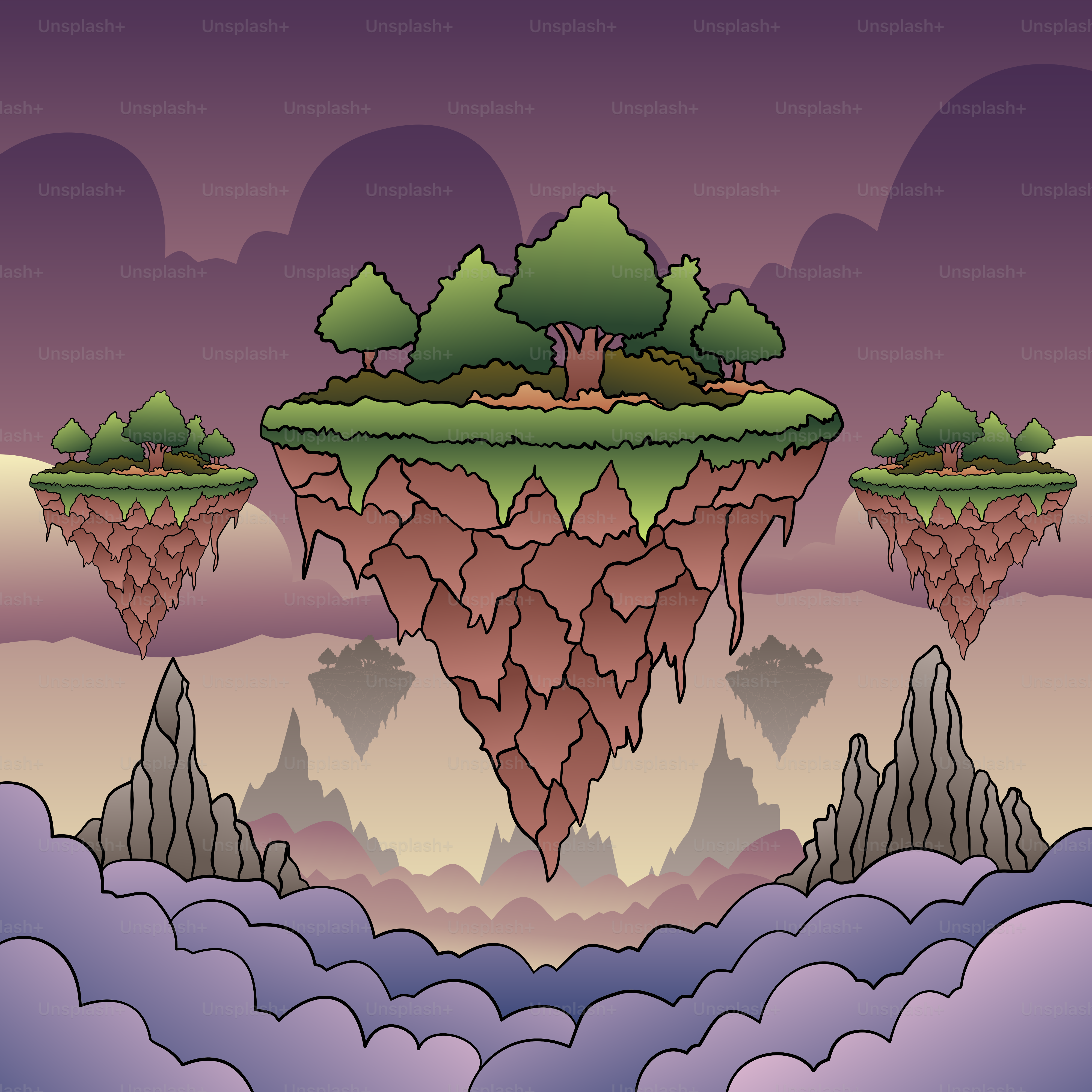 A cartoon of a floating island in the middle of the ocean