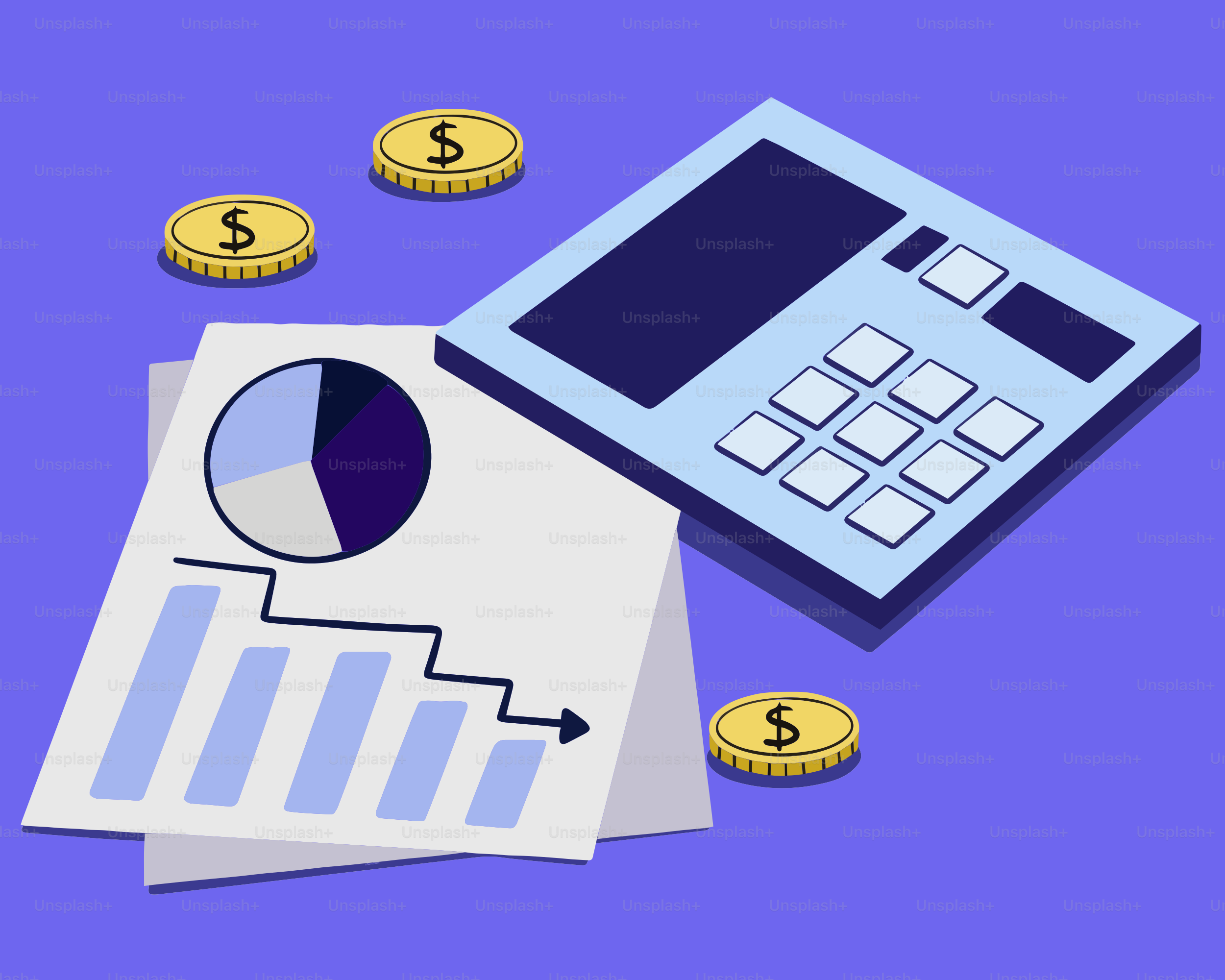 A calculator, money, and a calculator on a purple background
