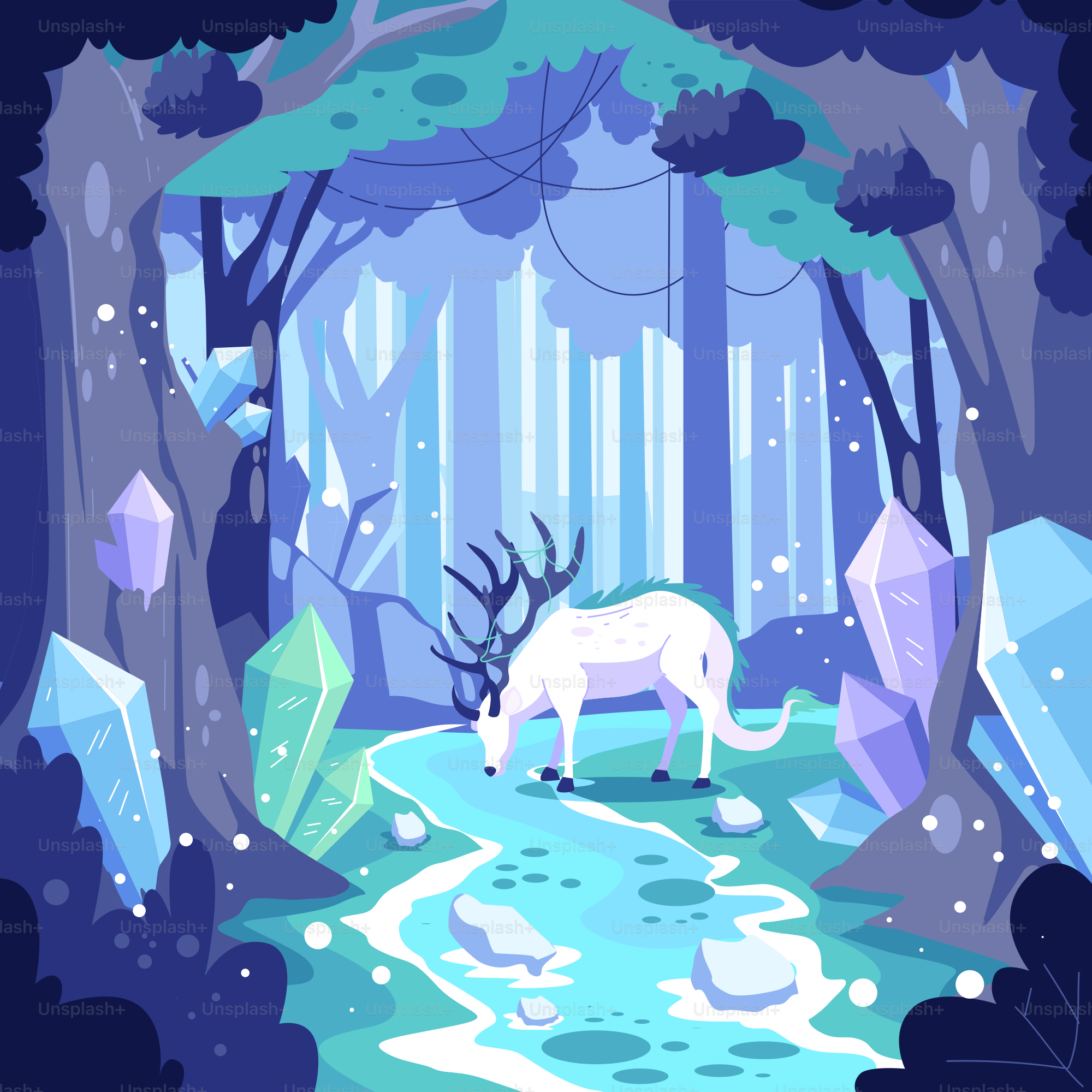 A white horse standing in a forest next to a stream