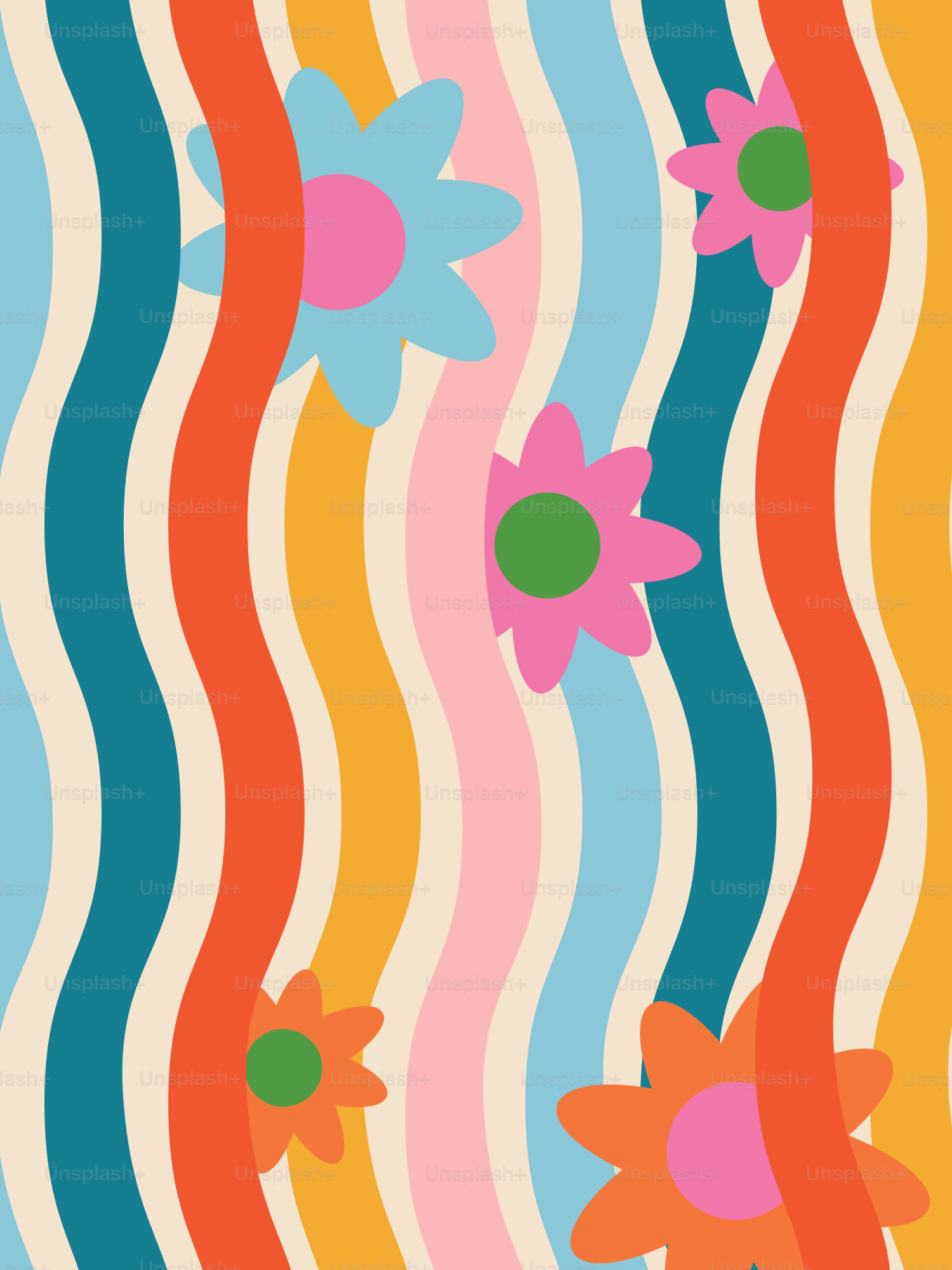 Una carta da parati colorata a righe con fiori sopra