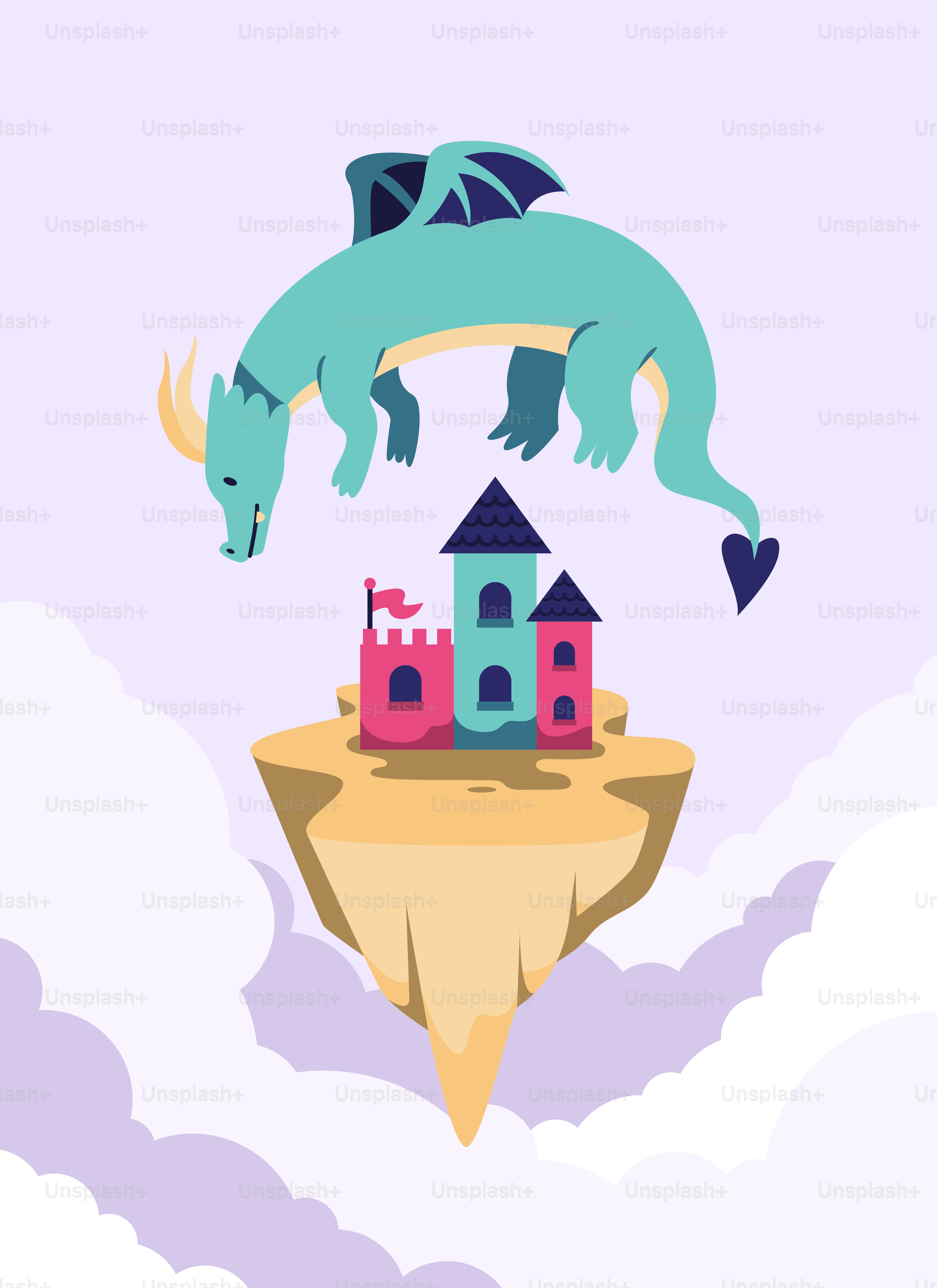 A dragon flying over a small island with houses