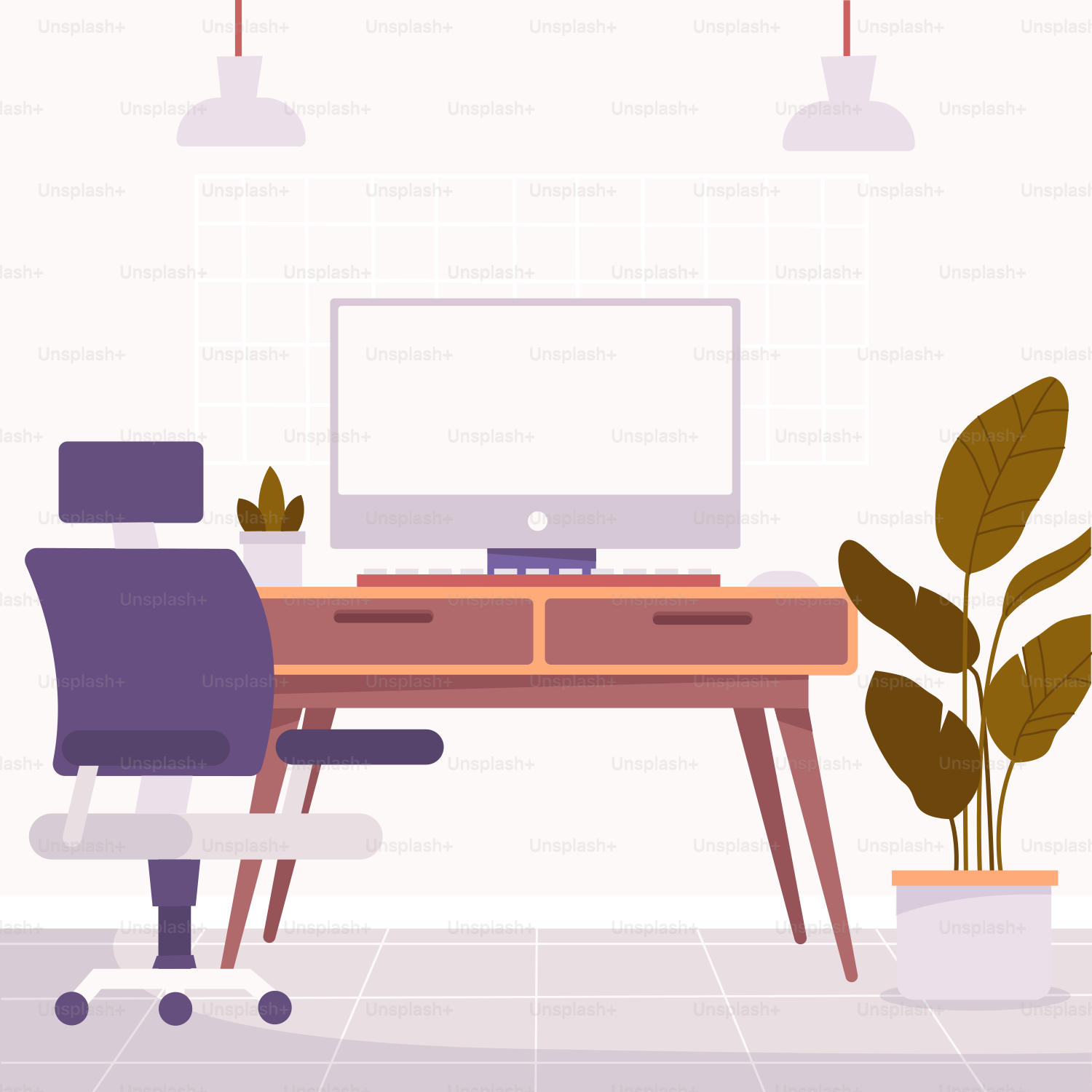A room with a desk, chair, computer and potted plant