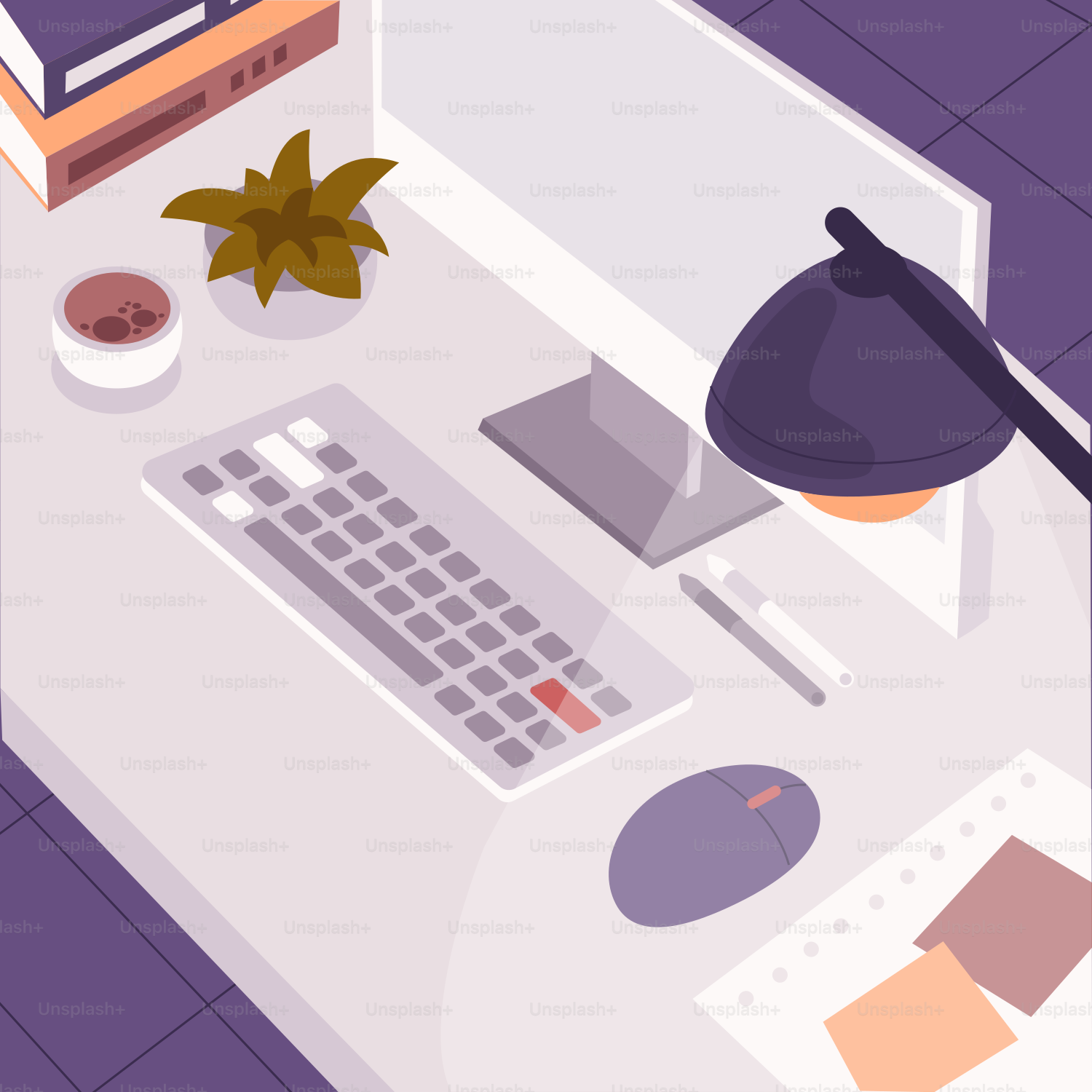 A computer desk with a keyboard and mouse