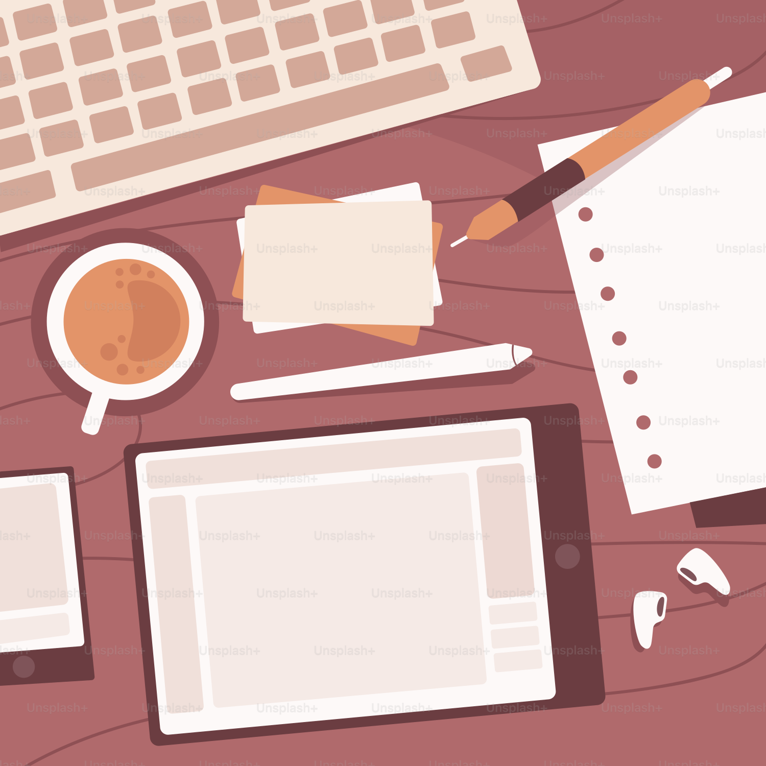 A desk with a keyboard, mouse, tablet, papers and a cup of coffee