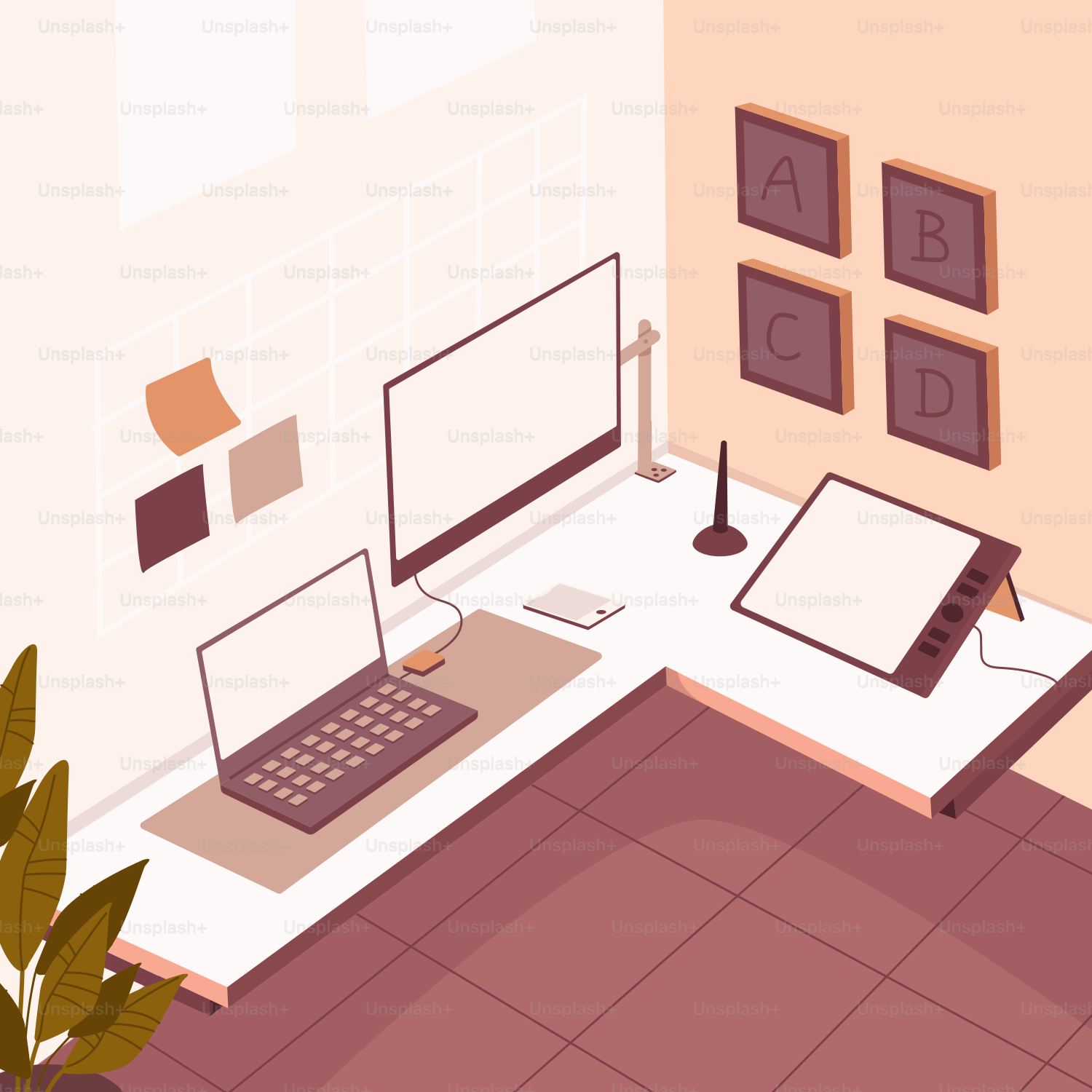 A living room with a laptop and a plant