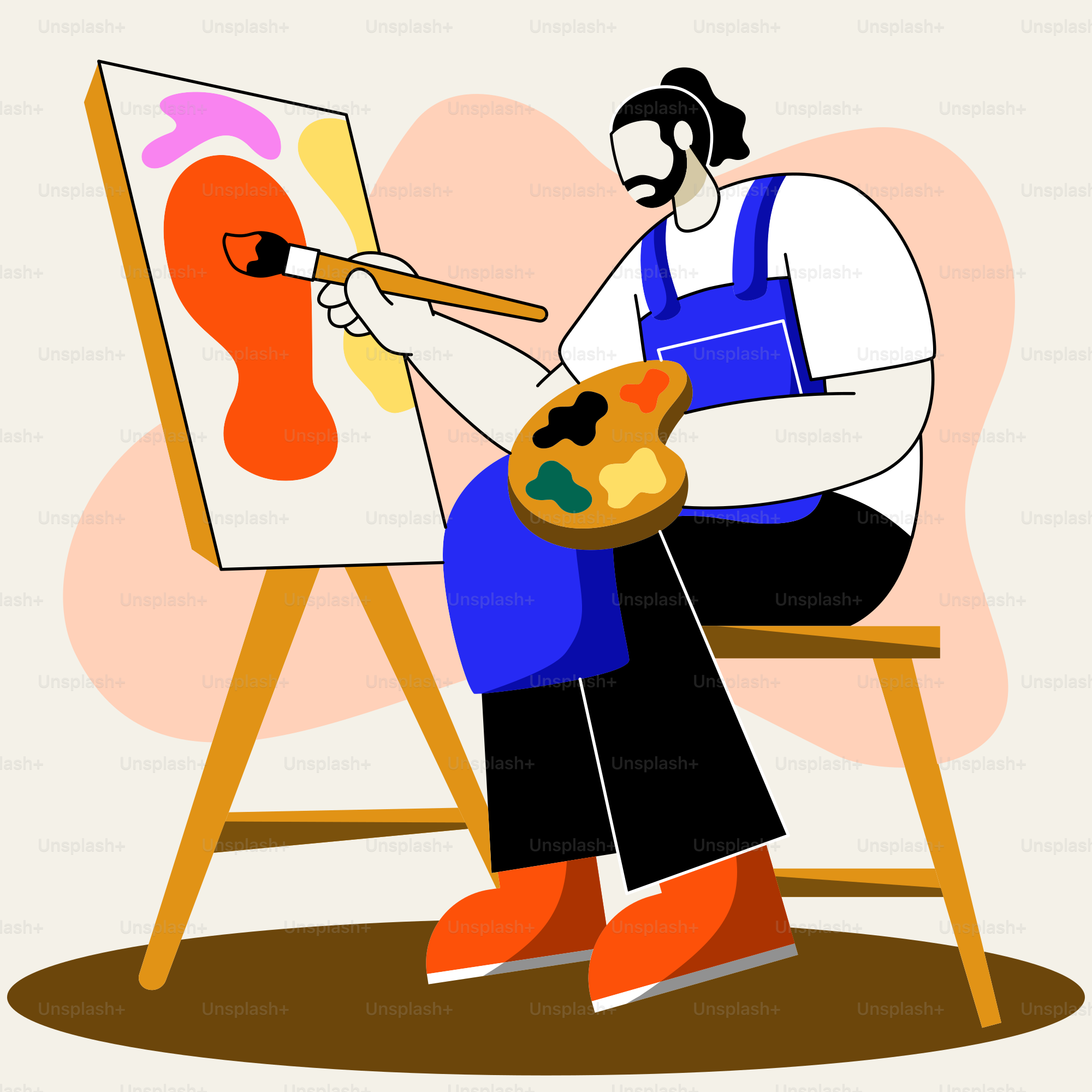 A man sitting in front of a easel painting a picture