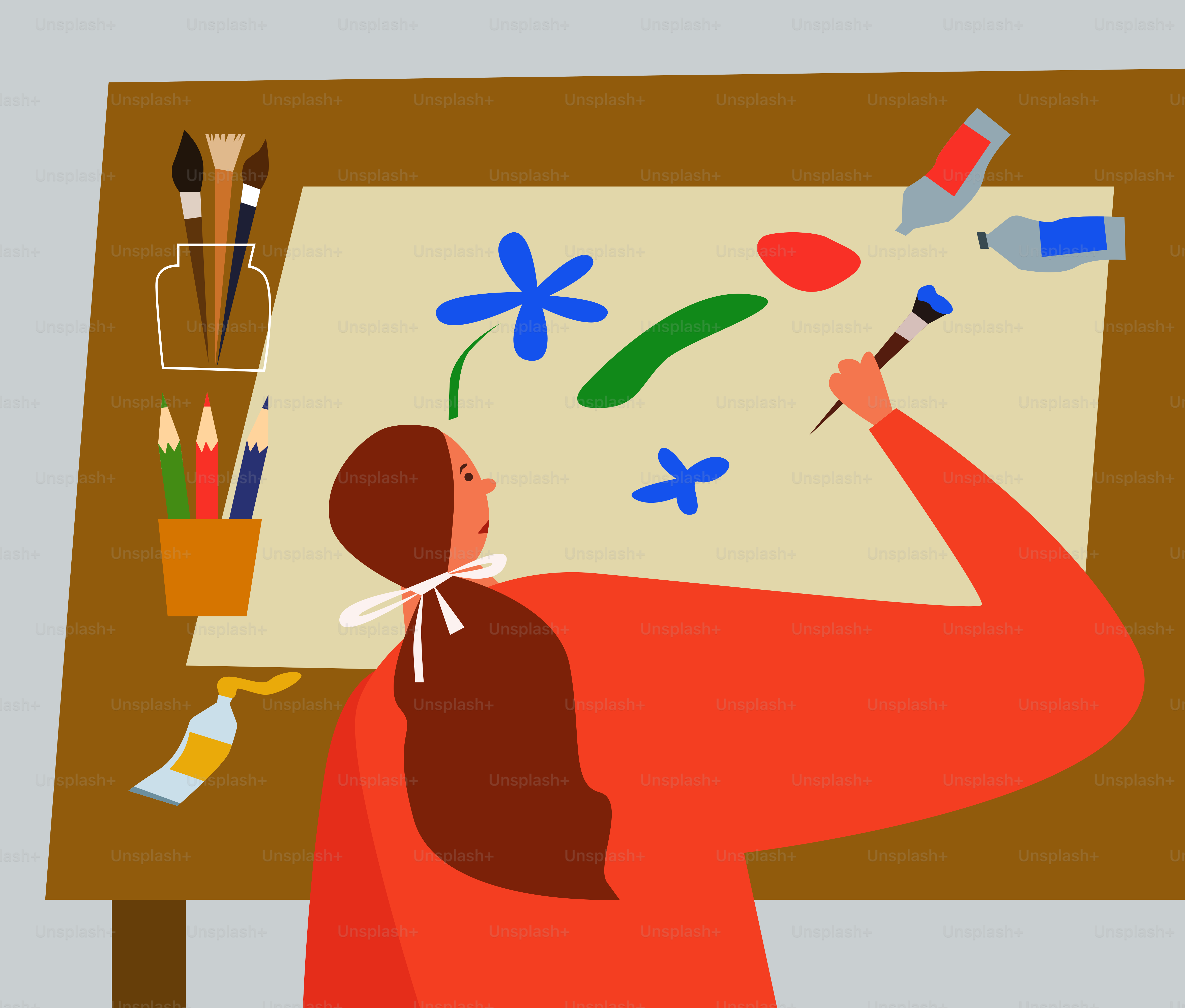 A woman is painting a picture on a easel vector – Abstract Image on ...
