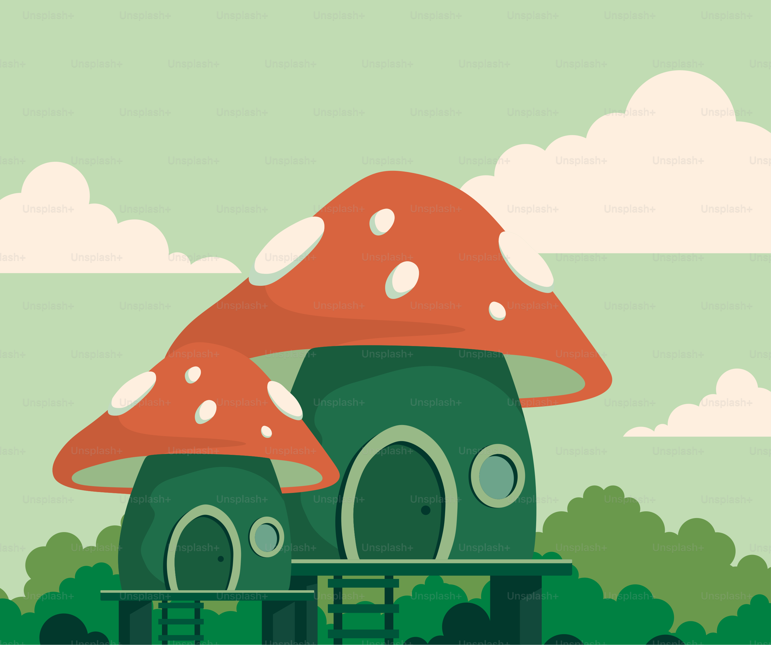 A green house with a red mushroom on top of it