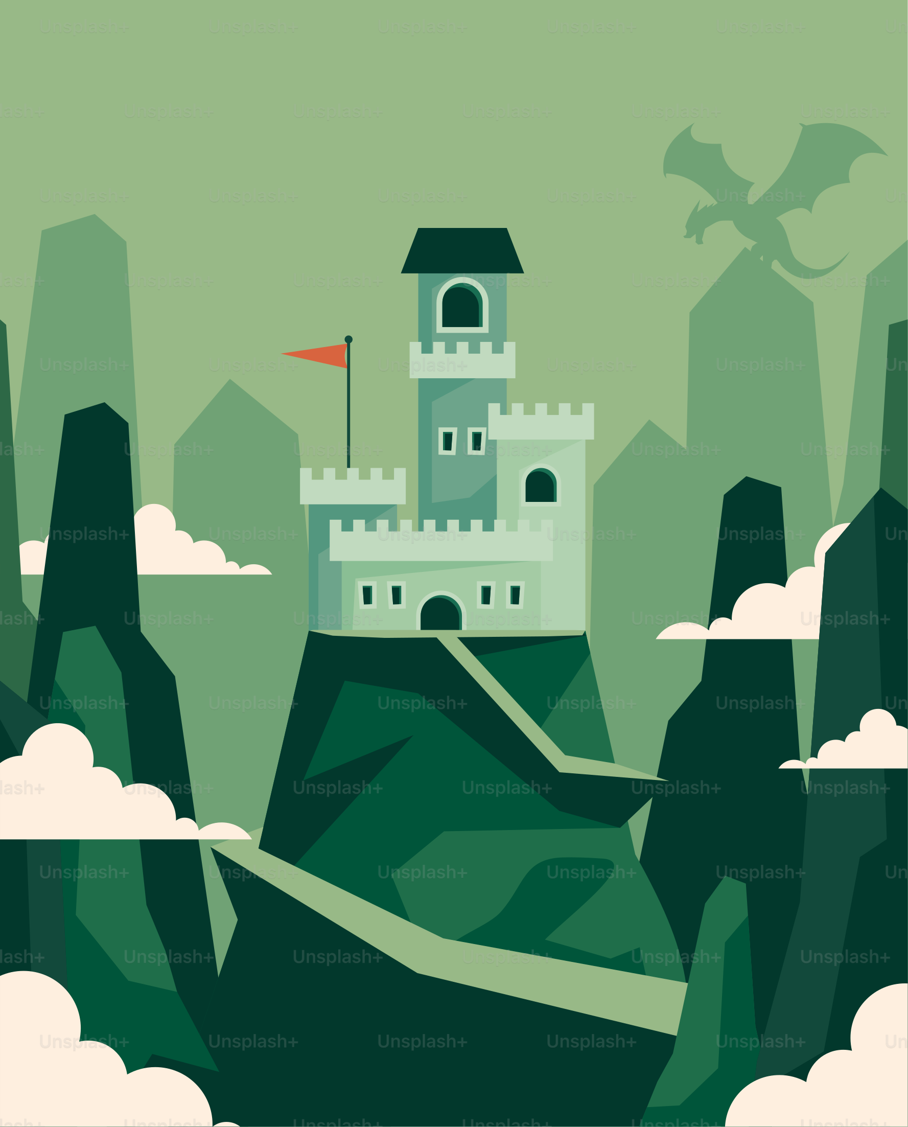 Un château perché au sommet d’une montagne entouré de nuages