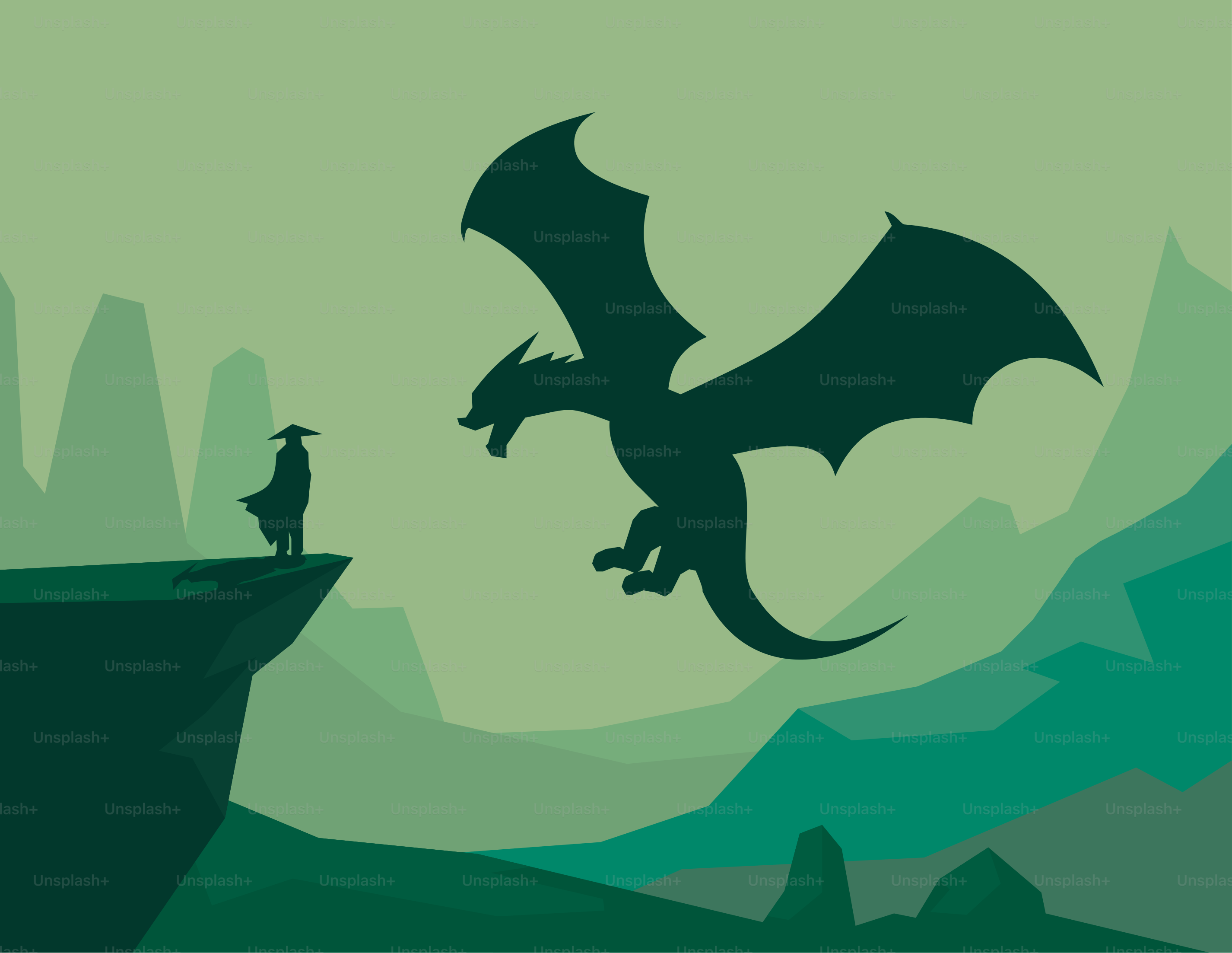 A man standing on top of a cliff next to a dragon