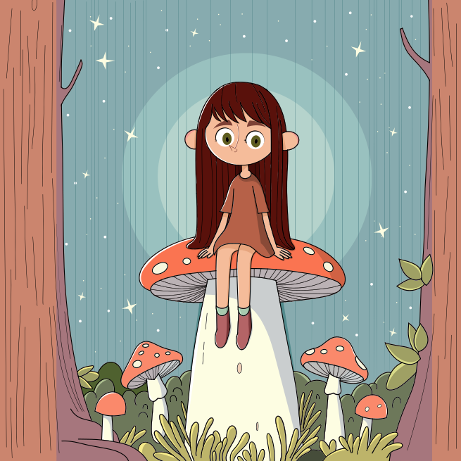 A girl sitting on top of a mushroom in a forest