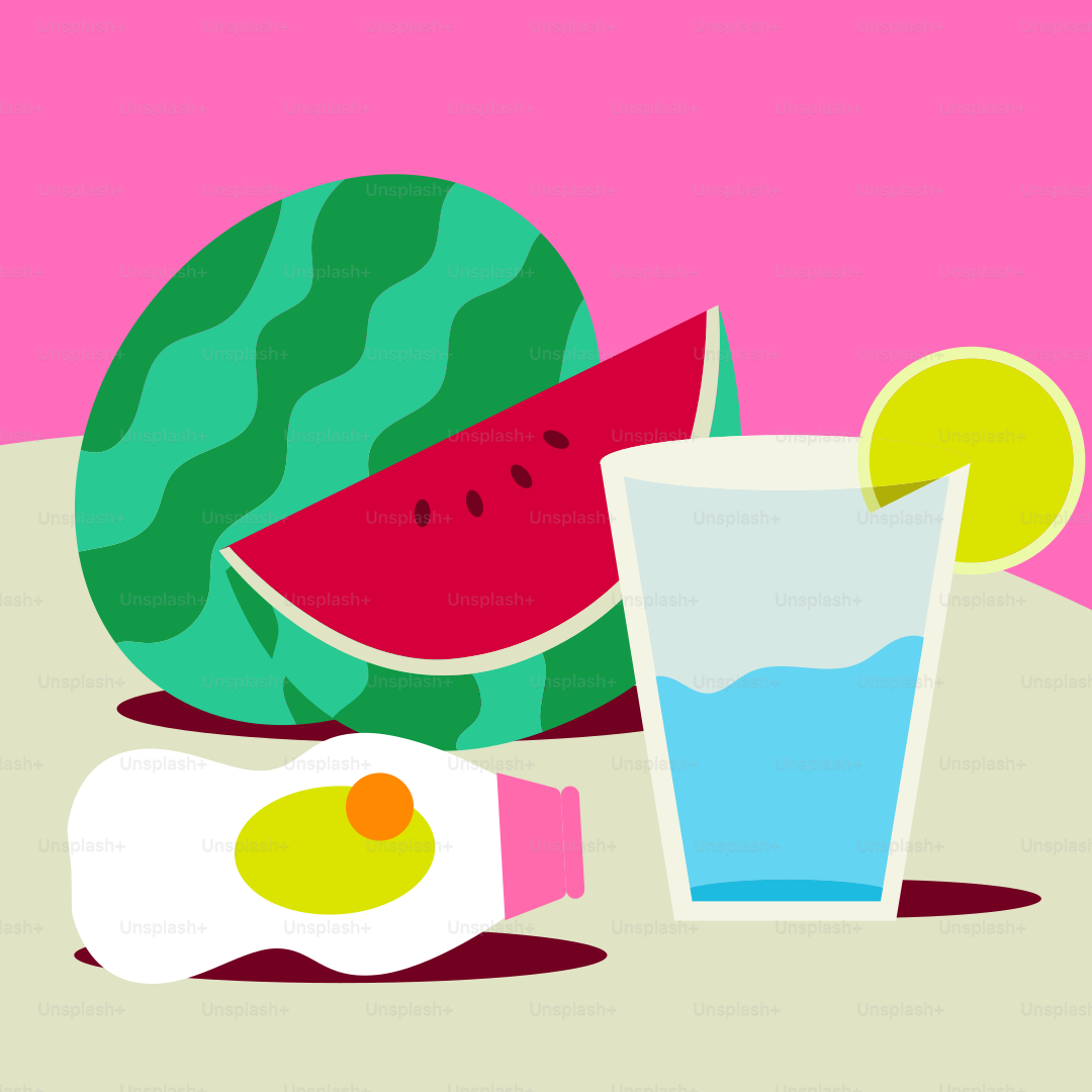 A glass of watermelon, an egg, and a slice of watermel