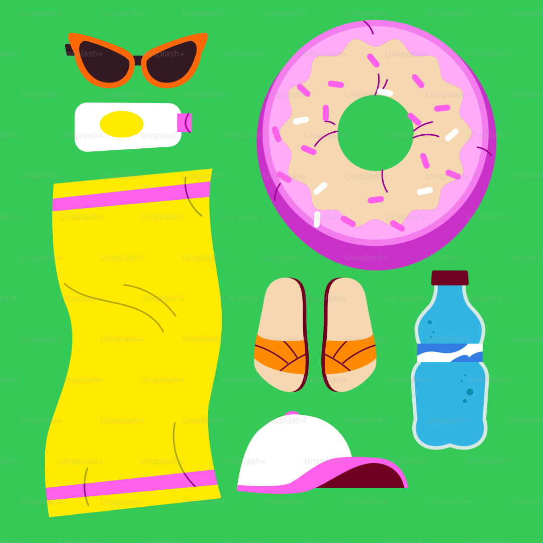 Latar belakang hijau dengan donat, sepasang sandal jepit,
