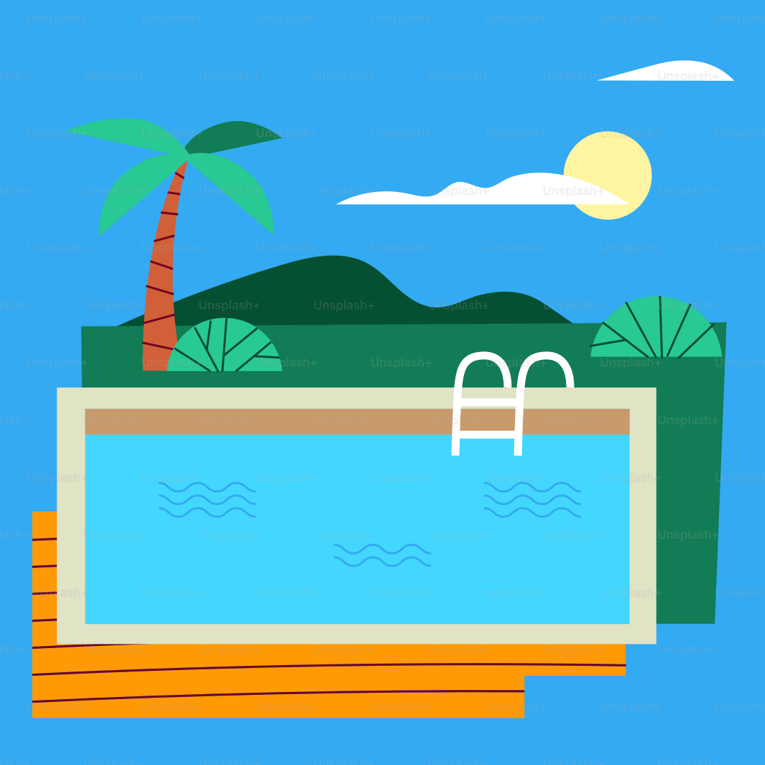 A swimming pool with a palm tree in the background