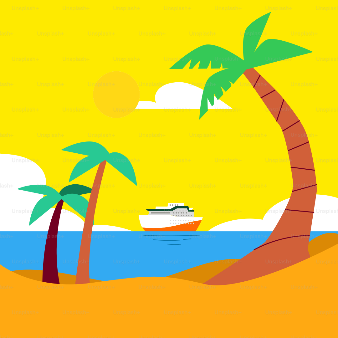 A cruise ship is in the distance on a tropical island