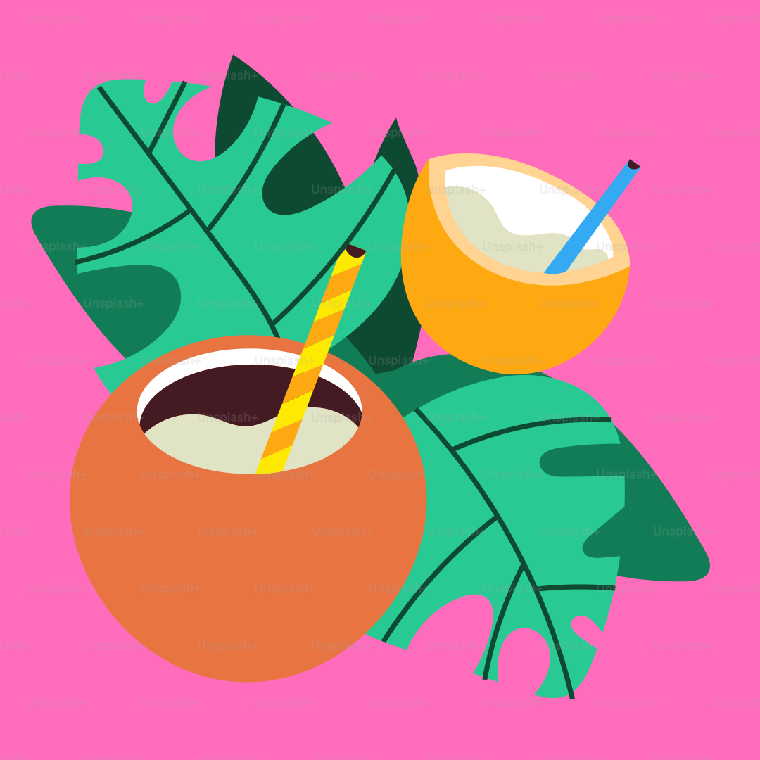 Uno sfondo rosa con l'immagine di una bevanda al cocco e una cannuccia