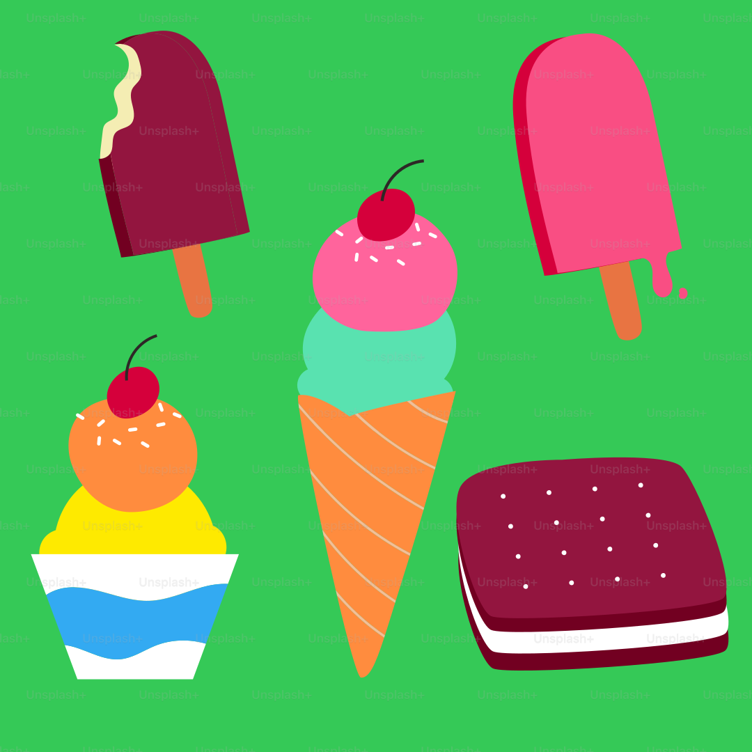 A green background with ice cream, a popsicle, a cookie, and a