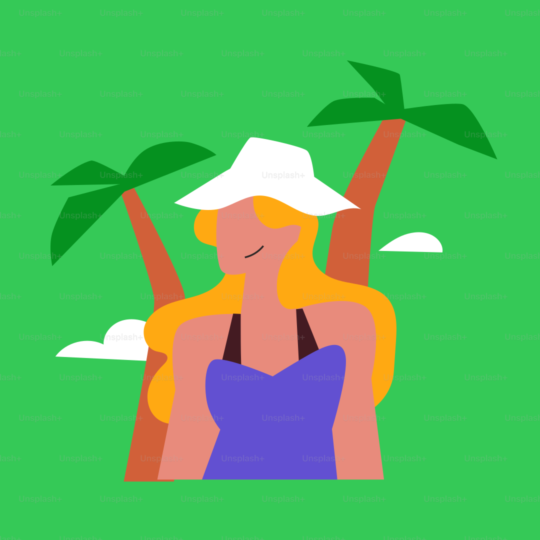 A woman in a hat sitting under a palm tree