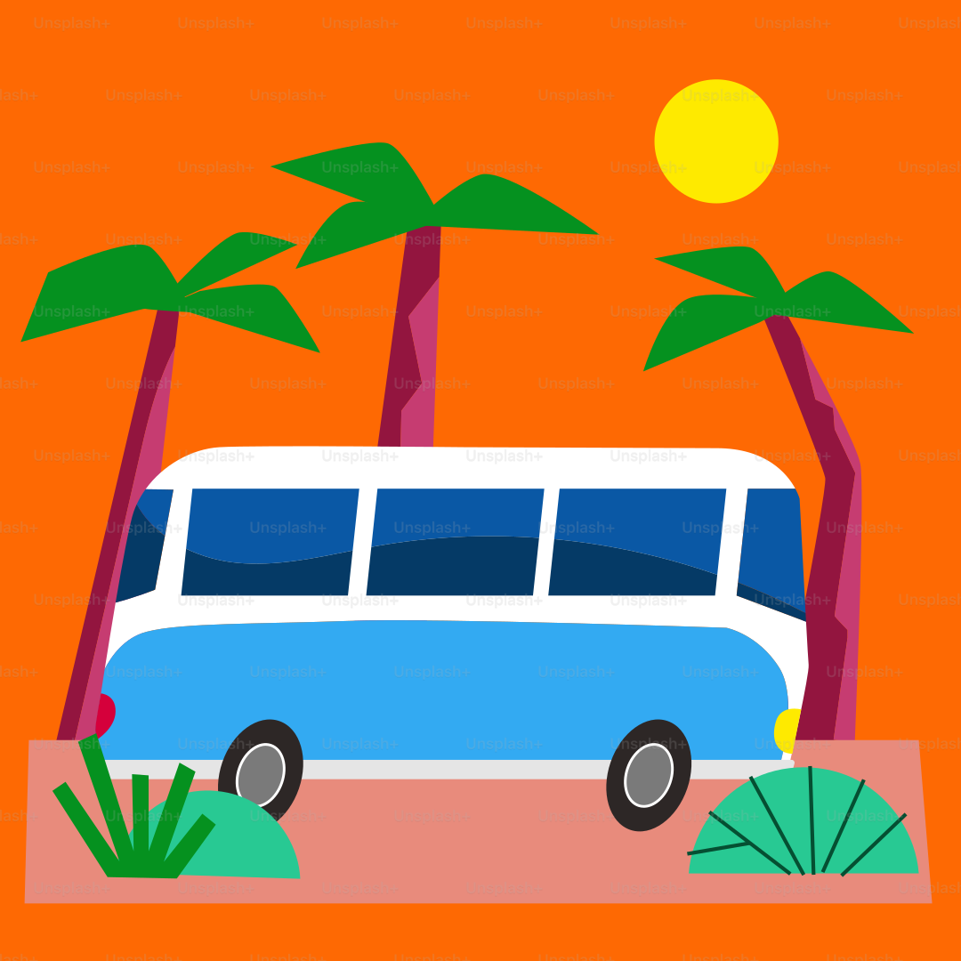 Sebuah bus biru putih diparkir di depan pohon palem