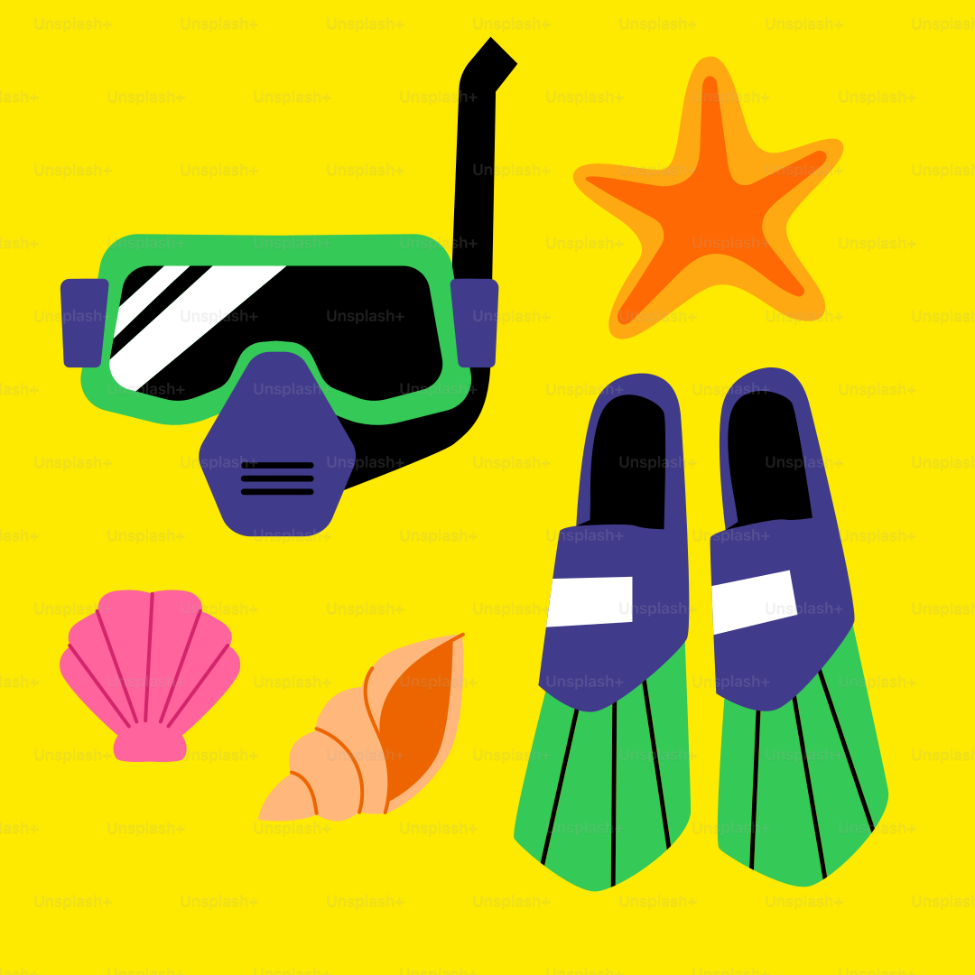 A yellow background with a pair of flip flops, a starfish, and