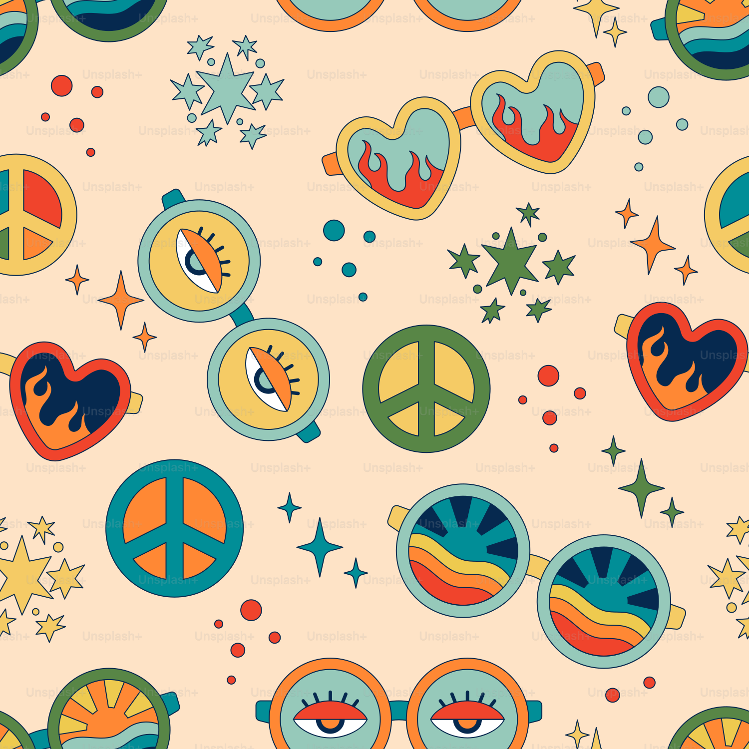 Un patrón de signos de paz y gafas de sol