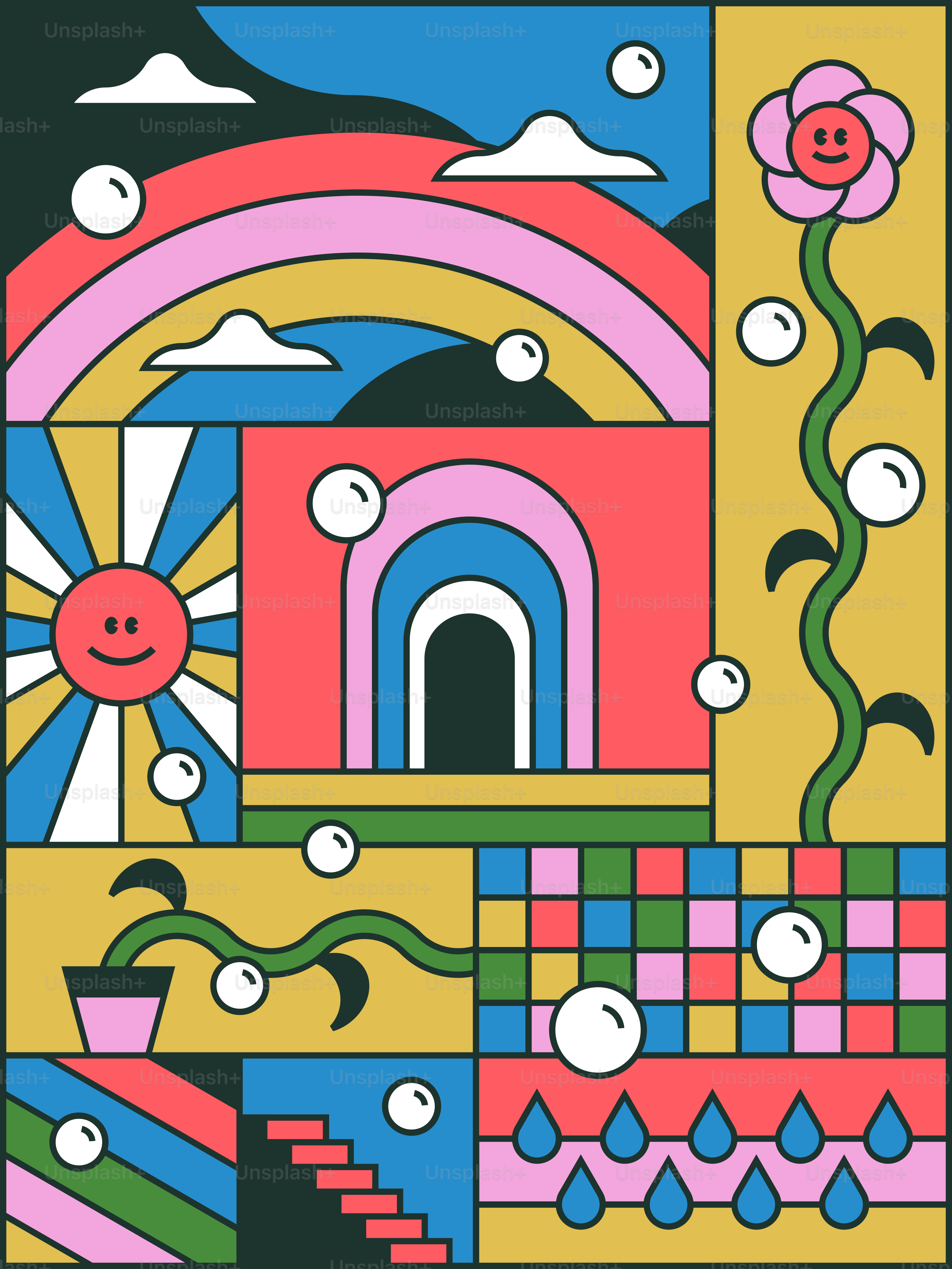 A painting of a building with flowers and clouds