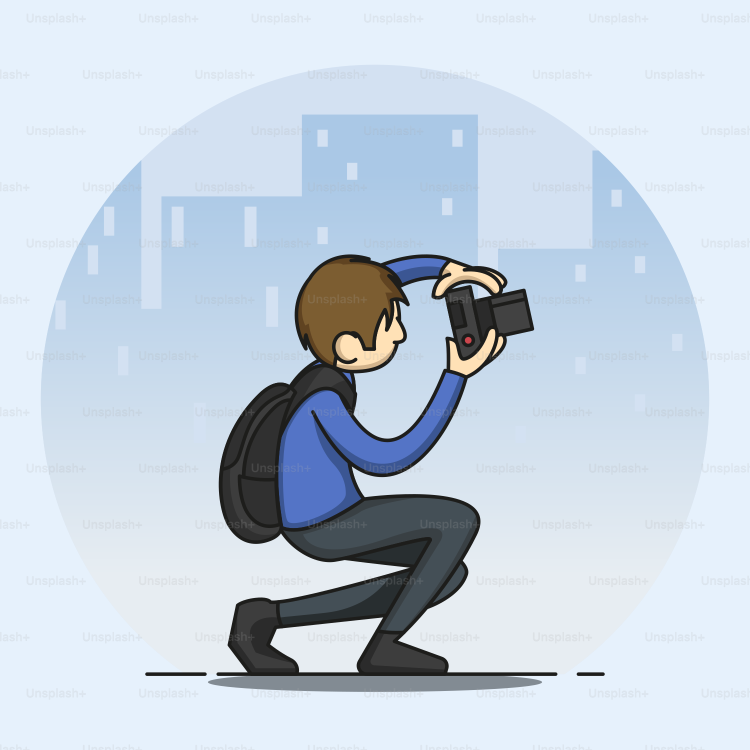 Un homme agenouillé prenant une photo avec un appareil photo