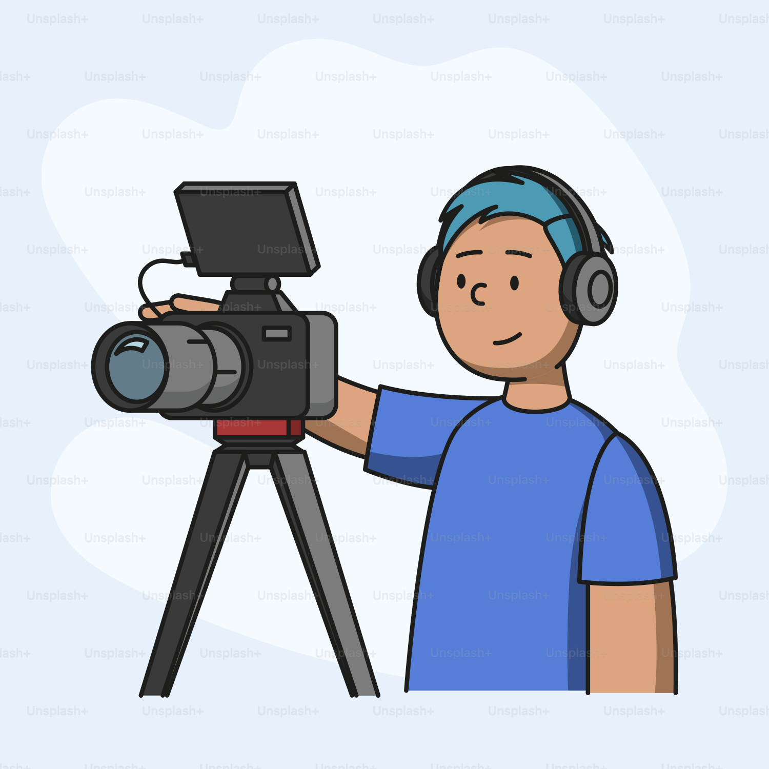 A man holding a camera and headphones on top of a tripod