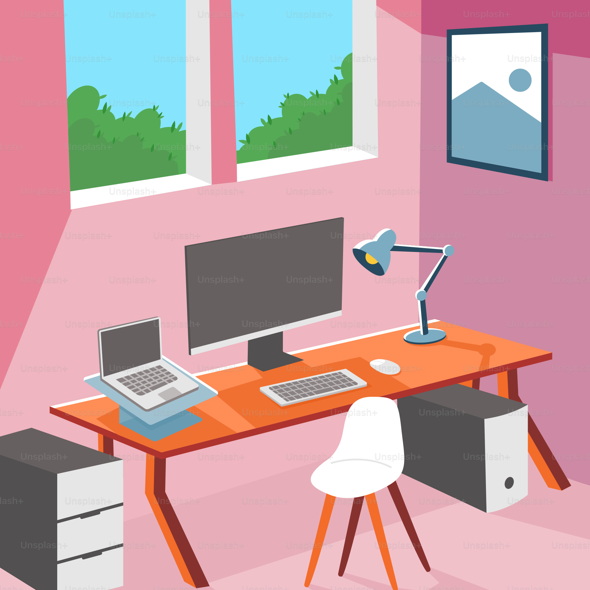 Ein Computertisch mit einem Computer darauf