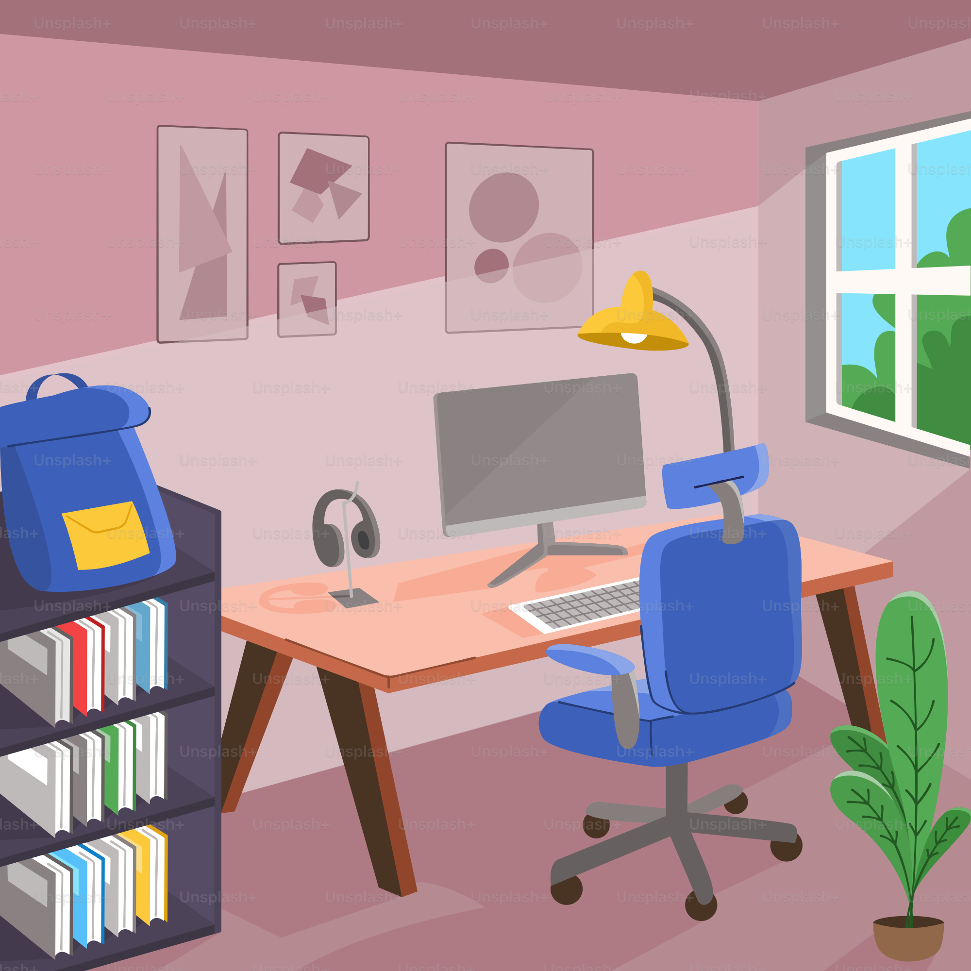 Ein Raum mit einem Schreibtisch, einem Stuhl, einem Bücherregal und einem Computer