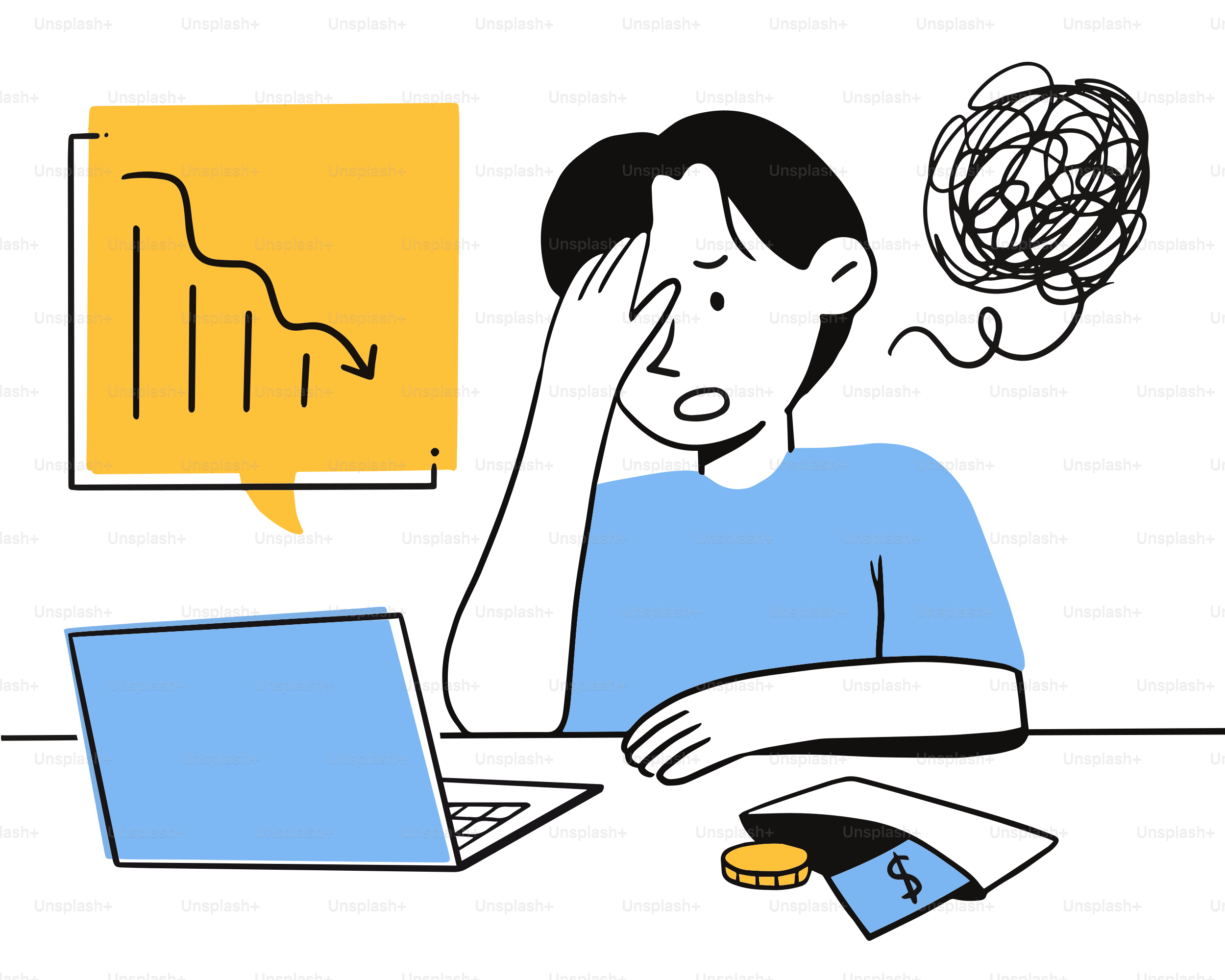 A man sitting at a table with a laptop and a thought bubble above his head