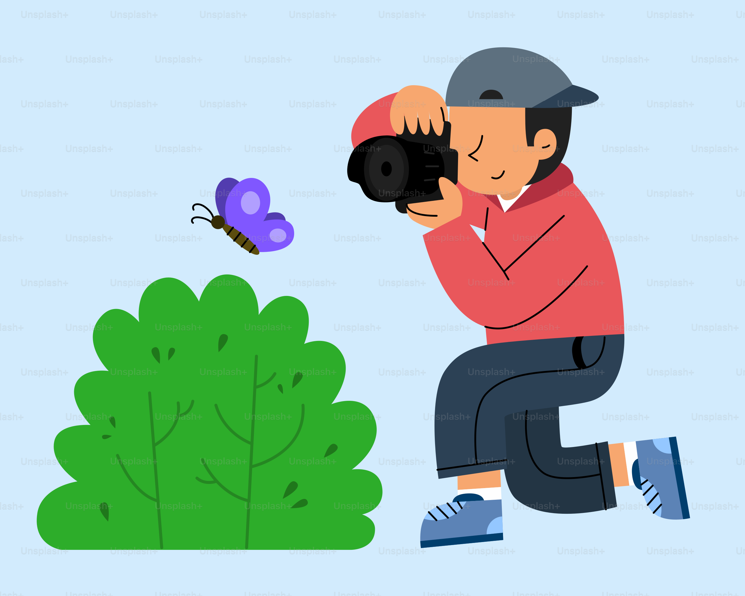 A man kneeling down to take a picture of a butterfly