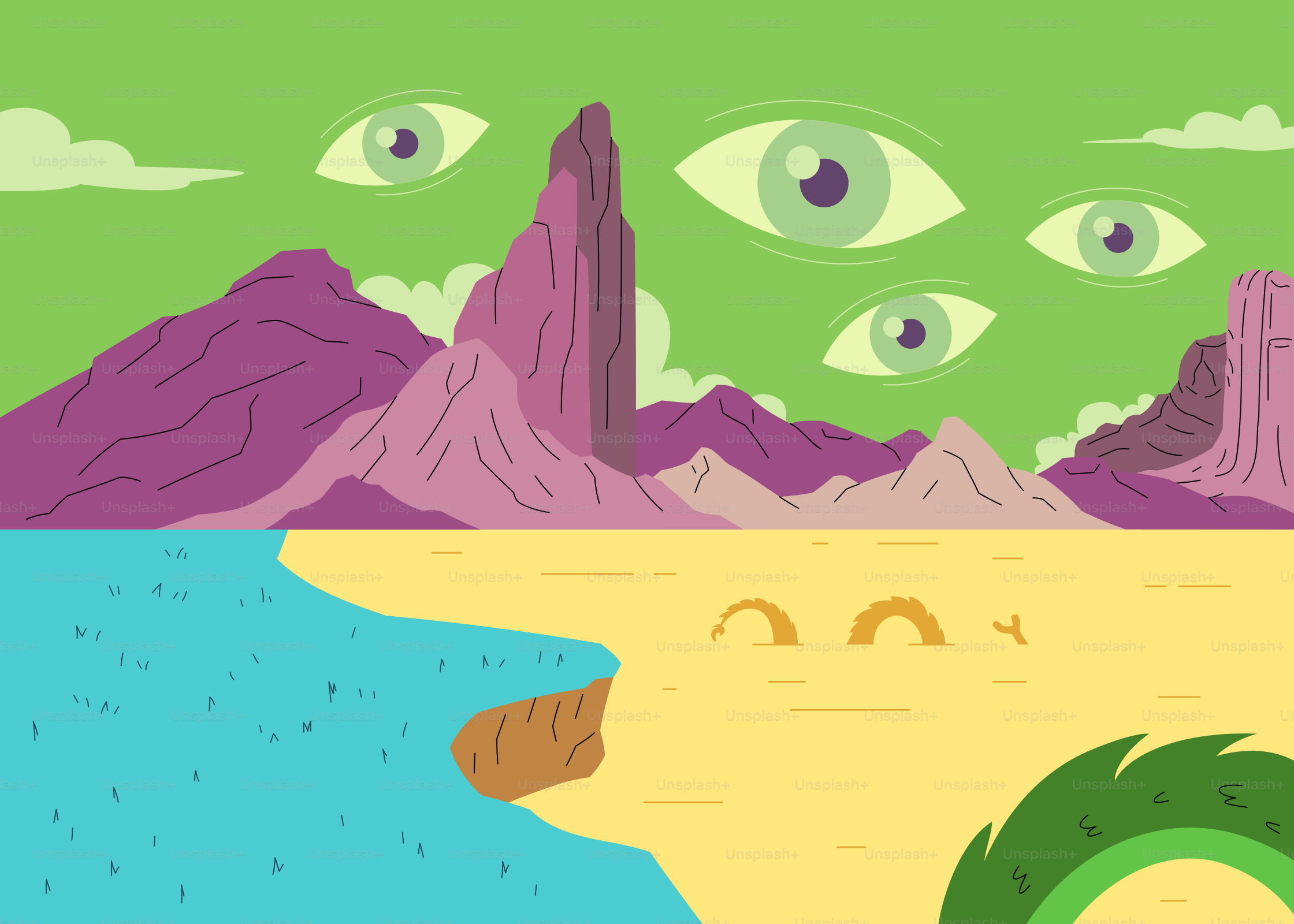 Un cuadro de una montaña con ojos y un lago