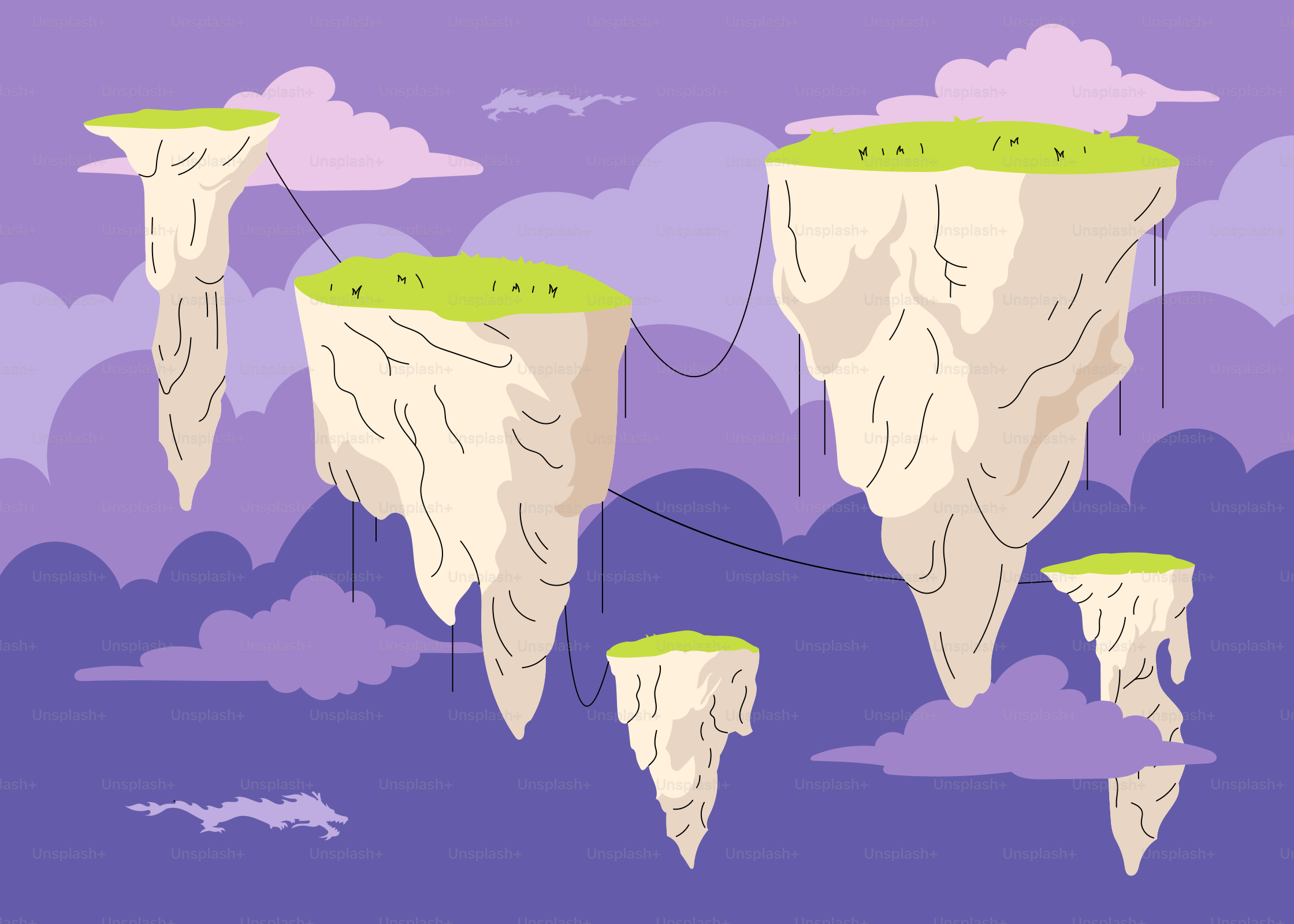 Un disegno di un gruppo di montagne che fluttuano nell'aria