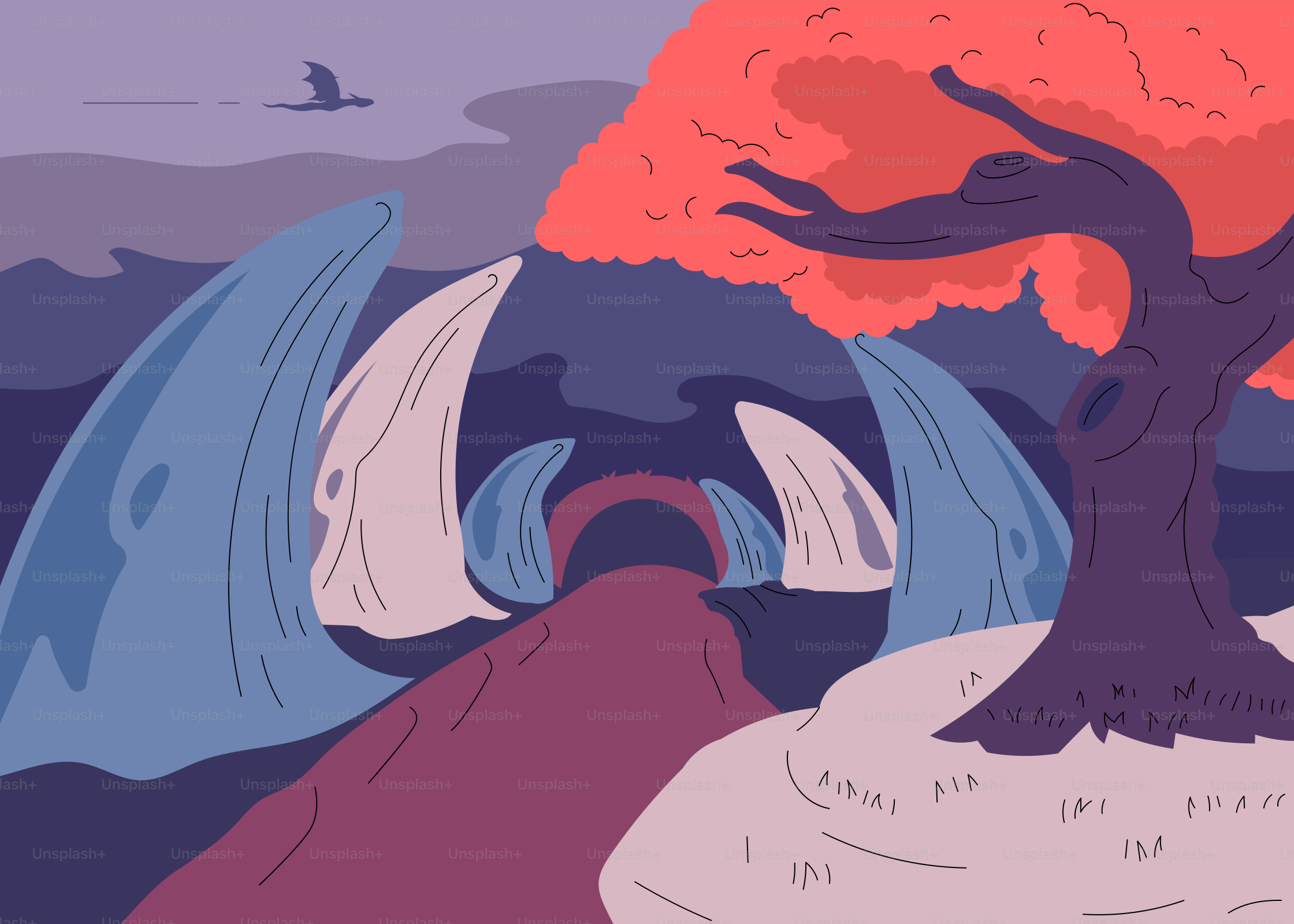 Uma pintura de uma árvore em uma colina com um pôr do sol ao fundo