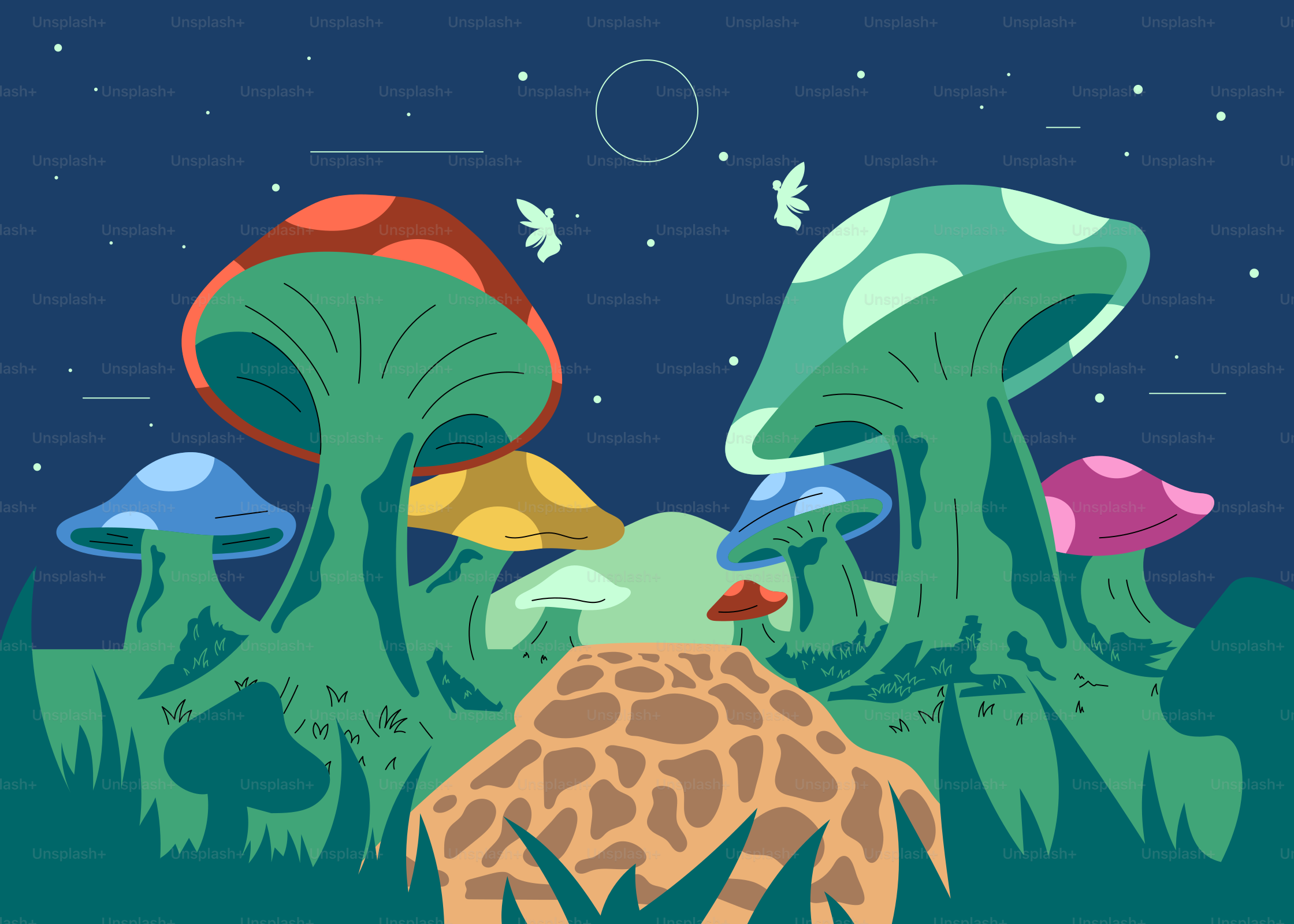 Uma girafa parada ao lado de um monte de cogumelos